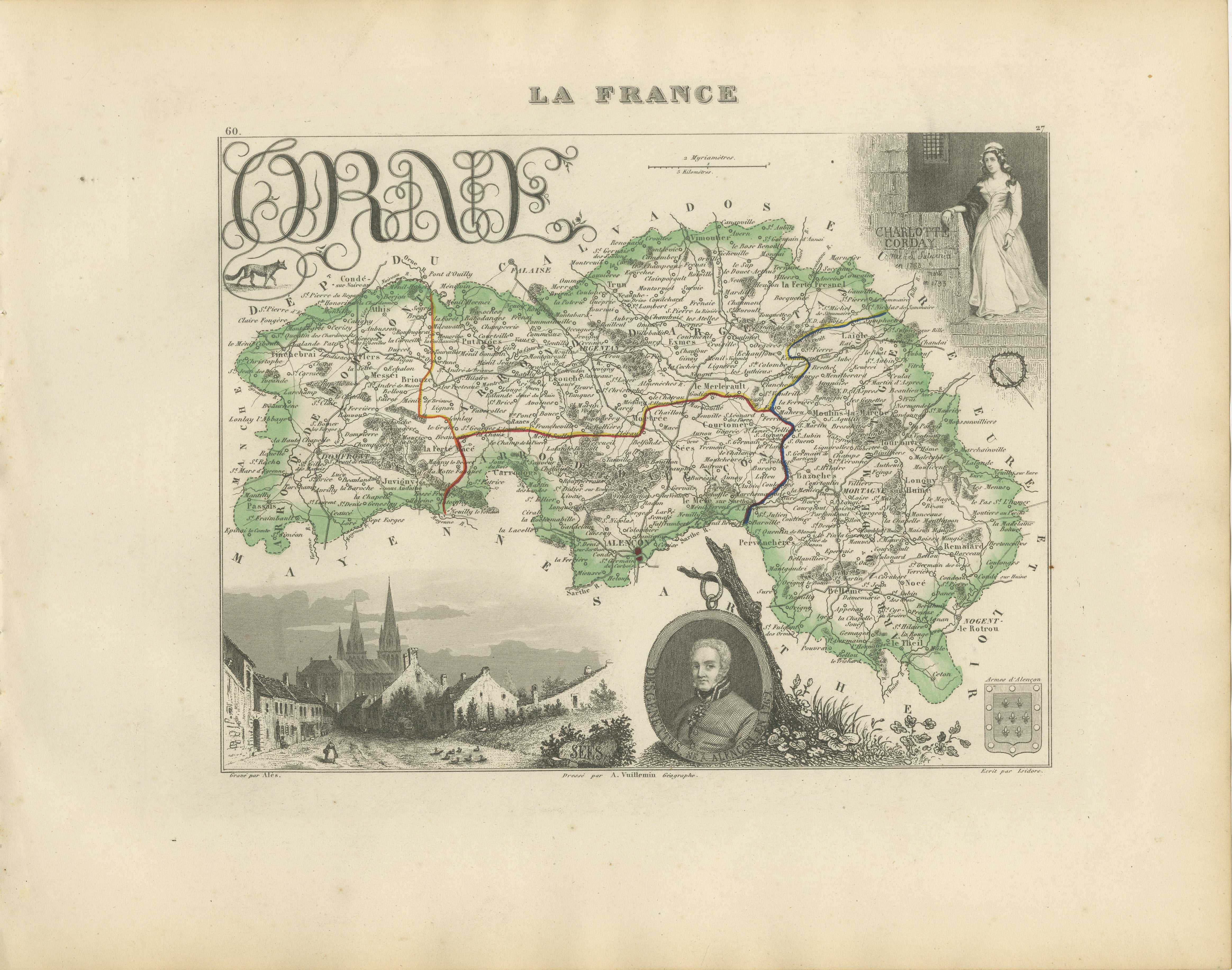 Antique Decorative Map of Orne, Normandy by Vuillemin, circa 1850