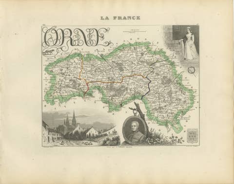Antique Decorative Map of Orne, Normandy by Vuillemin, circa 1850