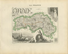 Antique Decorative Map of Orne, Normandy by Vuillemin, circa 1850