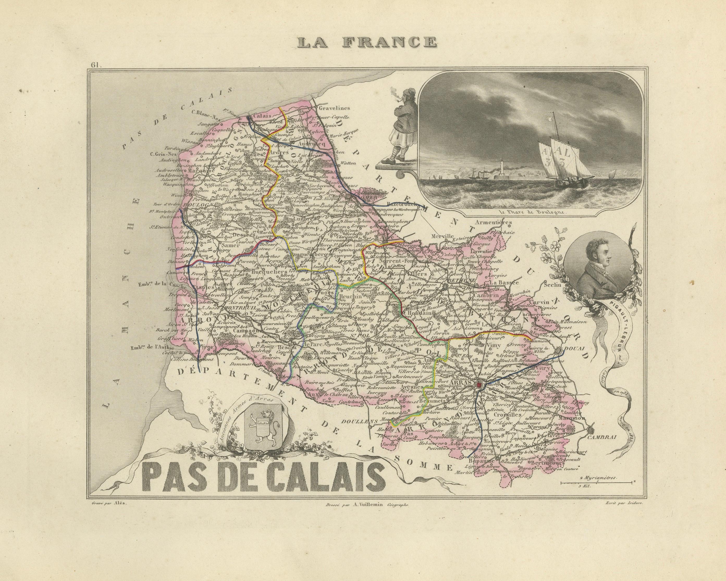 Antique Decorative Map of Pas-de-Calais by Vuillemin, circa 1850