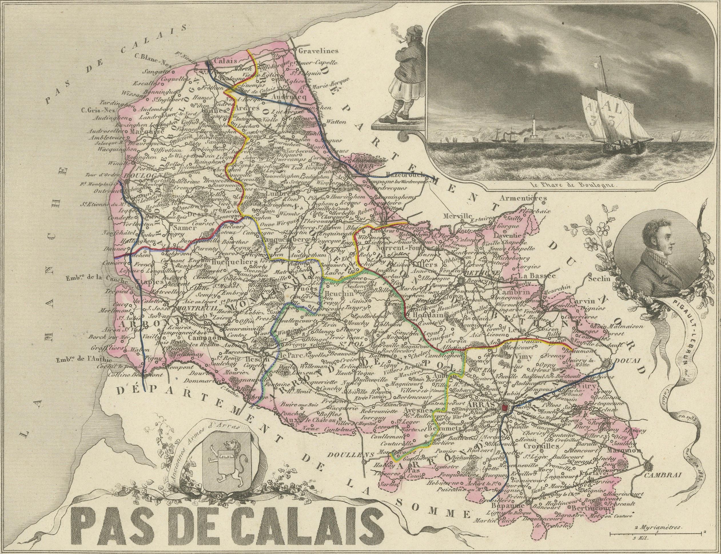 Antique Decorative Map of Pas-de-Calais by Vuillemin, circa 1850