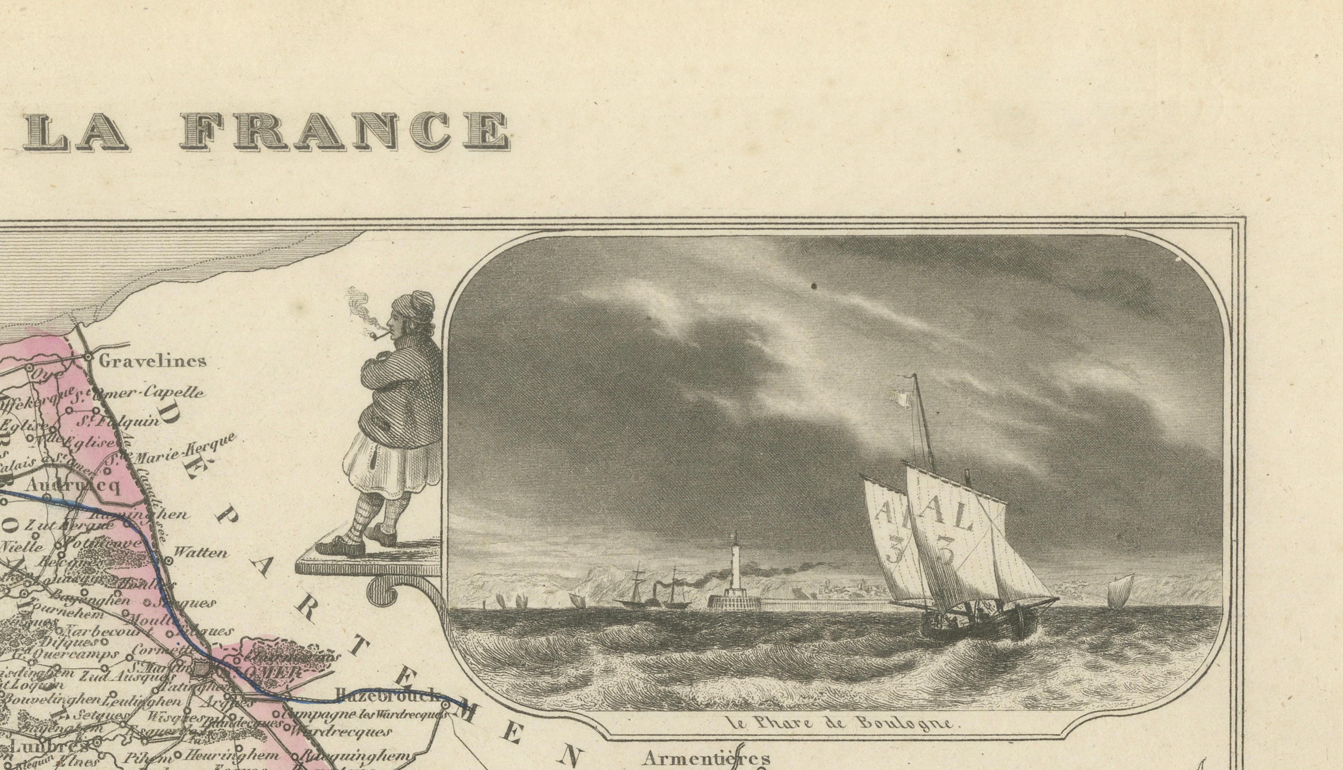 Antique Decorative Map of Pas-de-Calais by Vuillemin, circa 1850