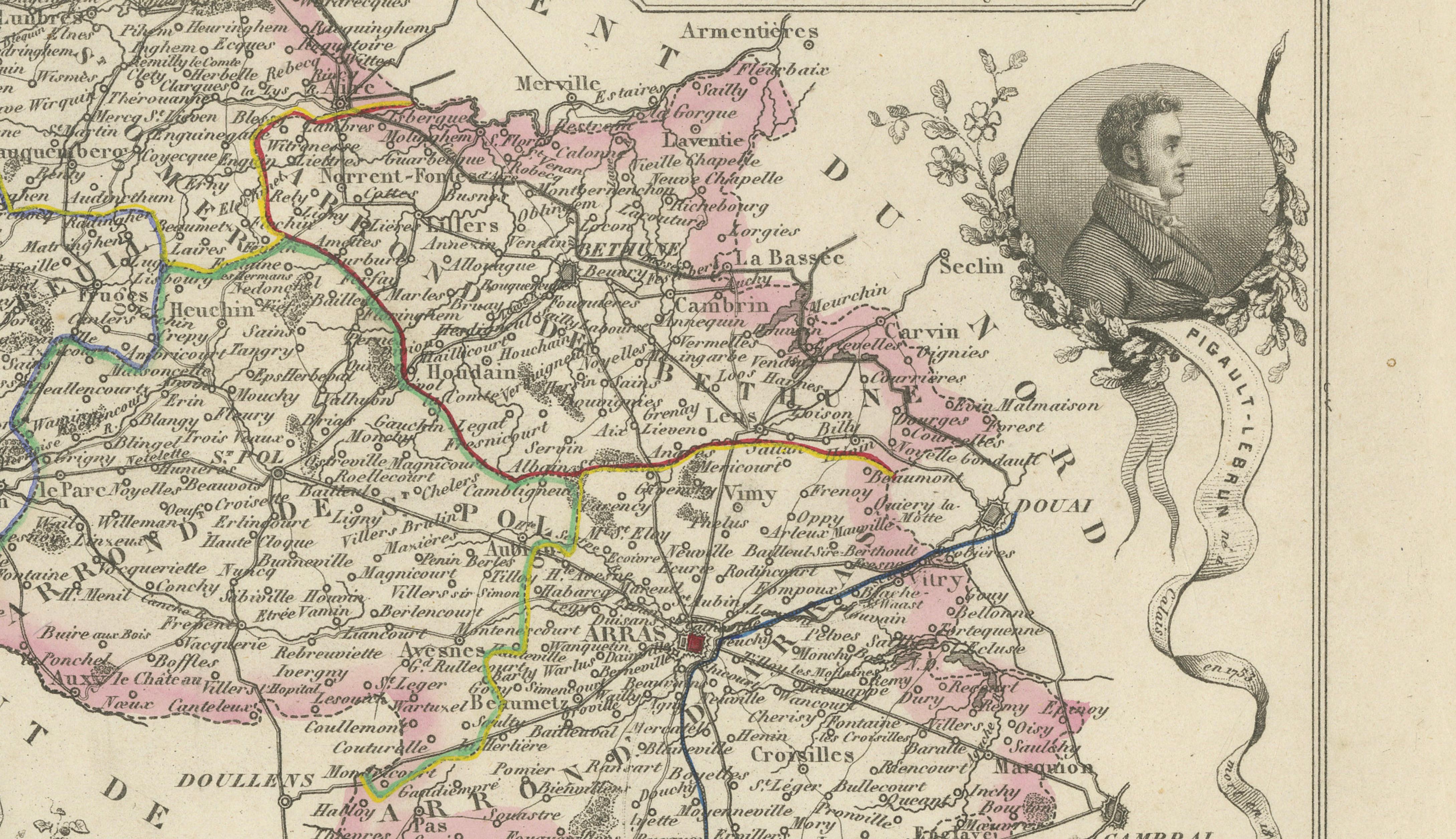 Antique Decorative Map of Pas-de-Calais by Vuillemin, circa 1850