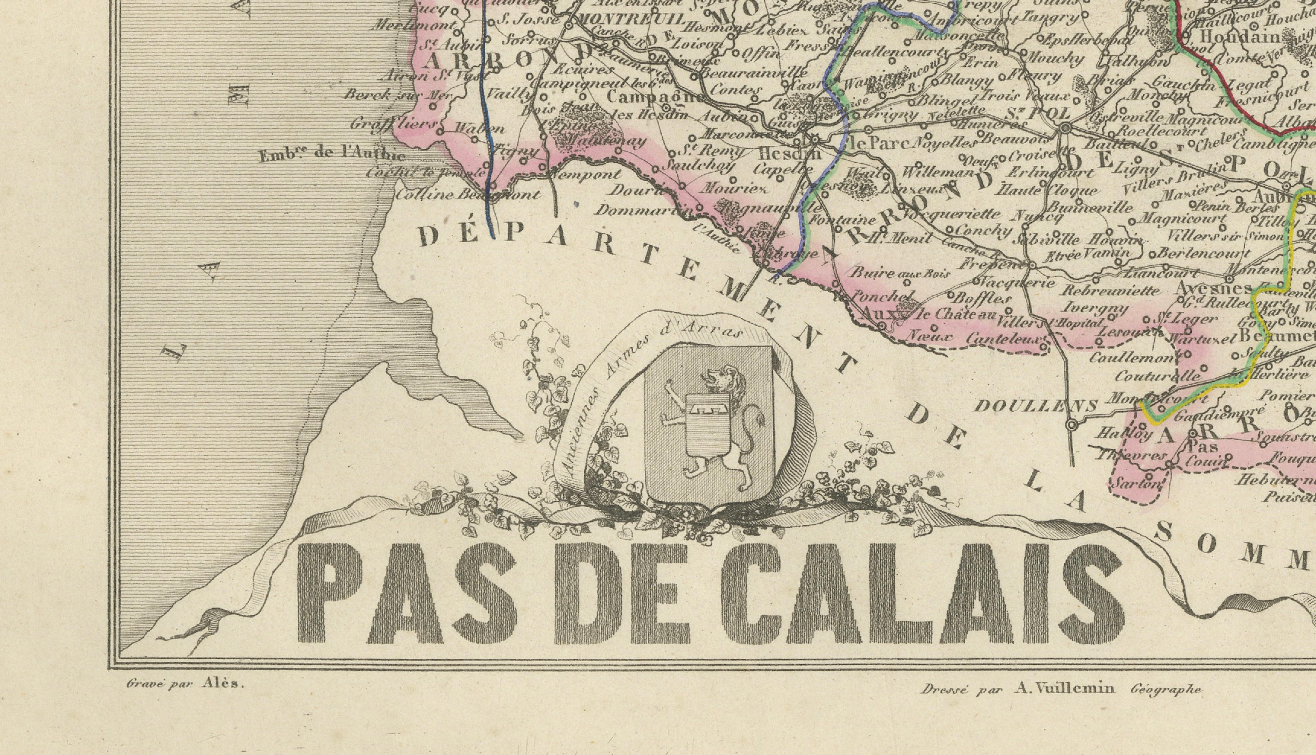 Antique Decorative Map of Pas-de-Calais by Vuillemin, circa 1850
