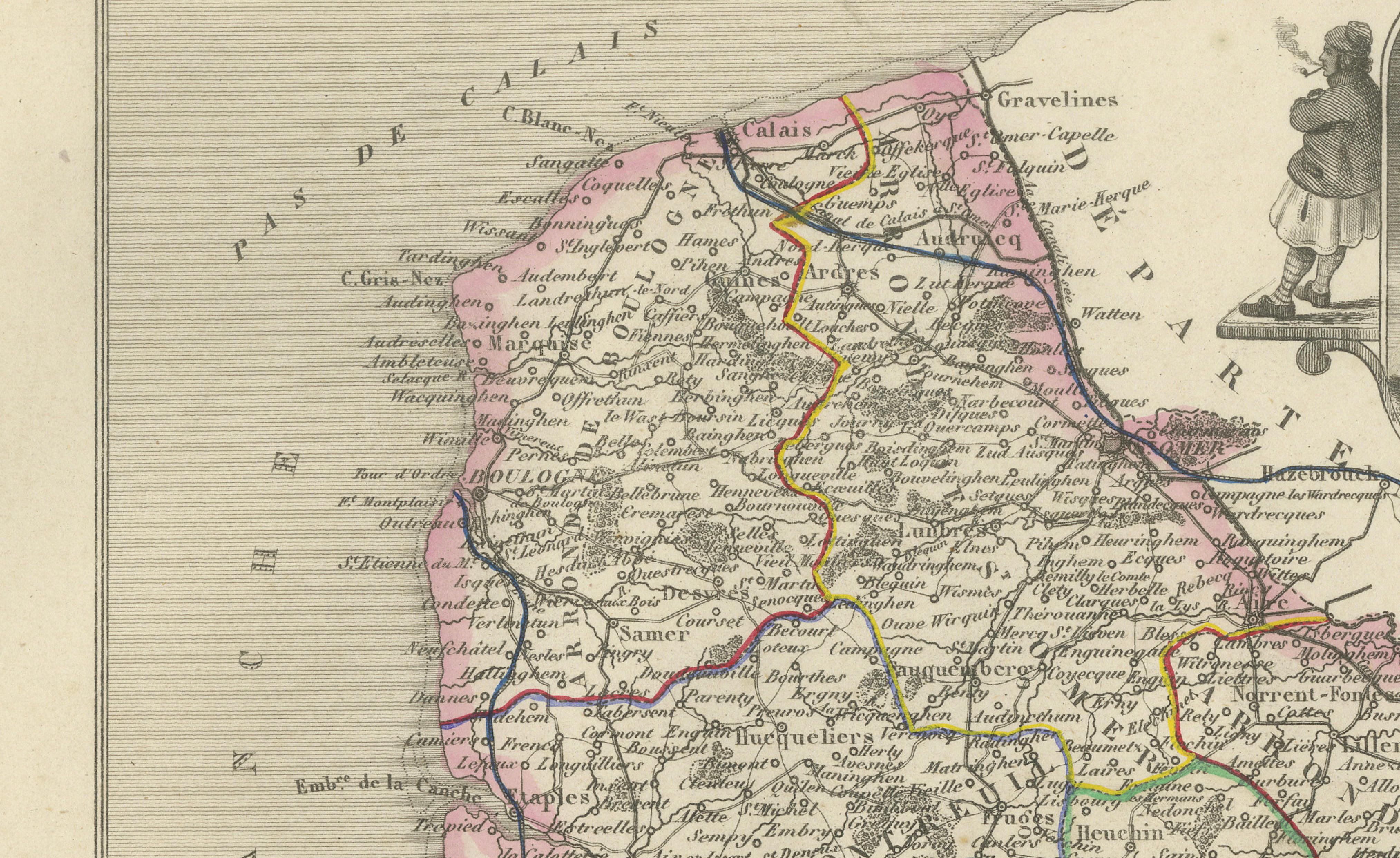 Antique Decorative Map of Pas-de-Calais by Vuillemin, circa 1850