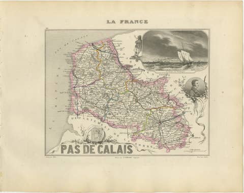 Antique Decorative Map of Pas-de-Calais by Vuillemin, circa 1850