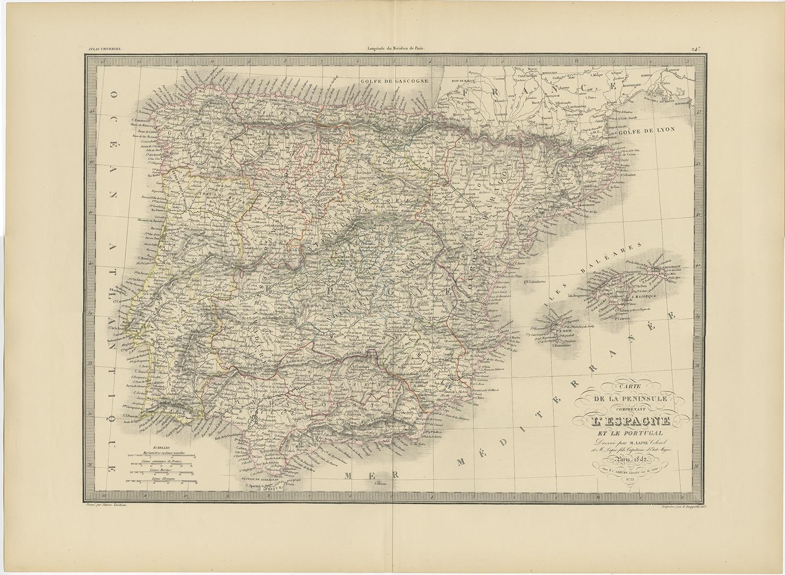 Antique map titled 'Carte de la Peninsule comprenant l'Espagne et le Portugal'. 

Map of Spain and Portugal. This map originates from 'Atlas universel de géographie ancienne et moderne (..)' by Pierre M. Lapie and Alexandre E. Lapie.

Artists