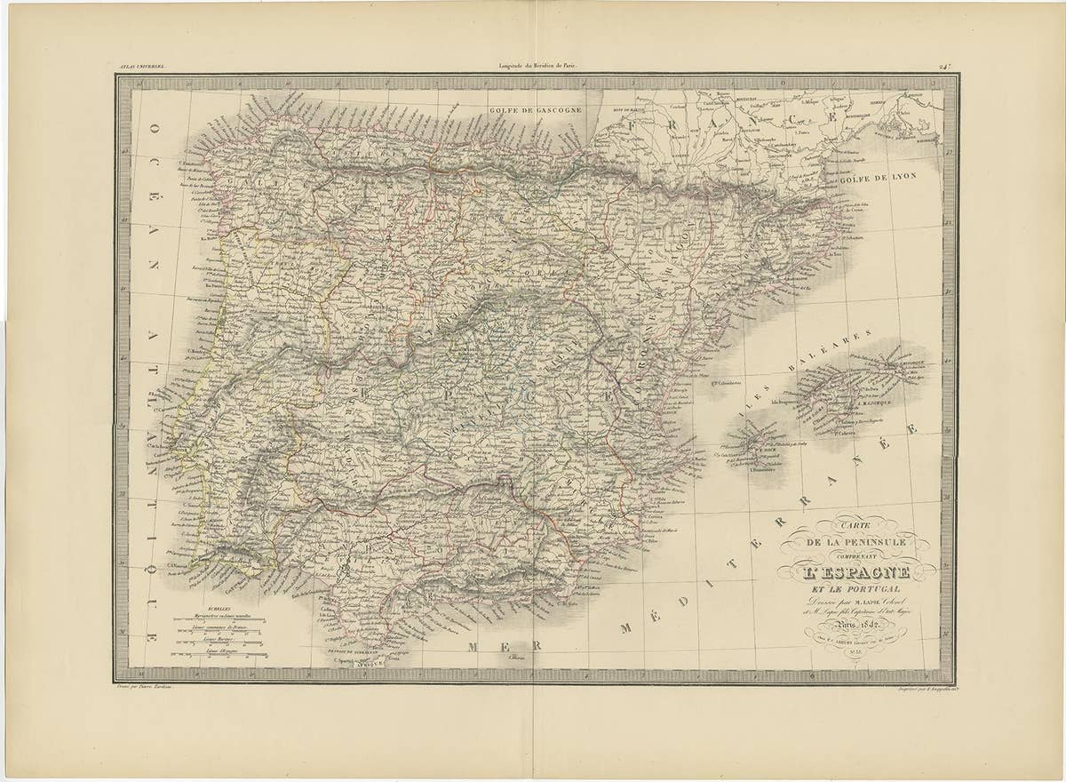 Antique Map of Spain and Portugal by Pierre M. Lapie, 1842, Wall Art