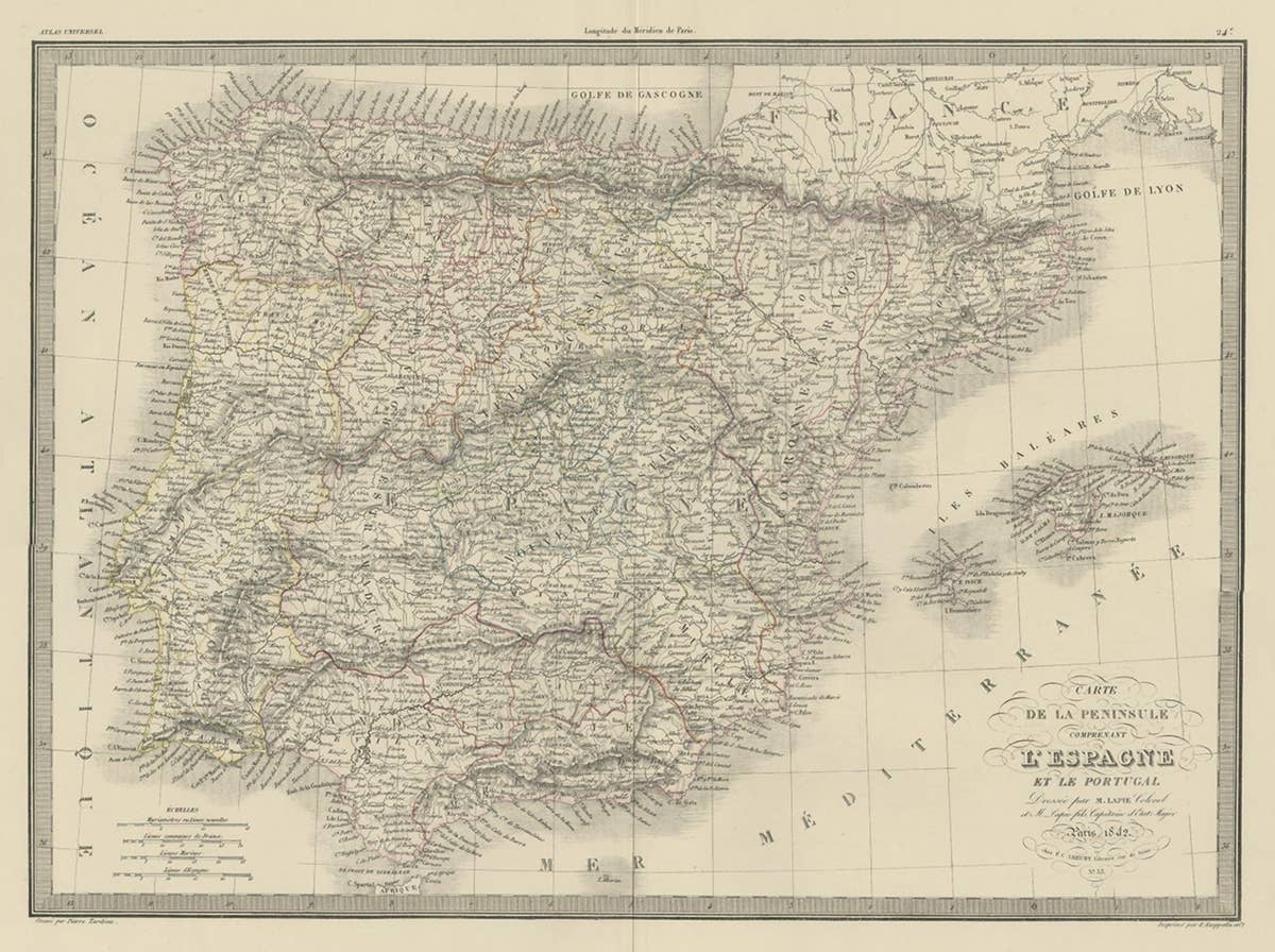 Antique Map of Spain and Portugal by Pierre M. Lapie, 1842, Wall Art