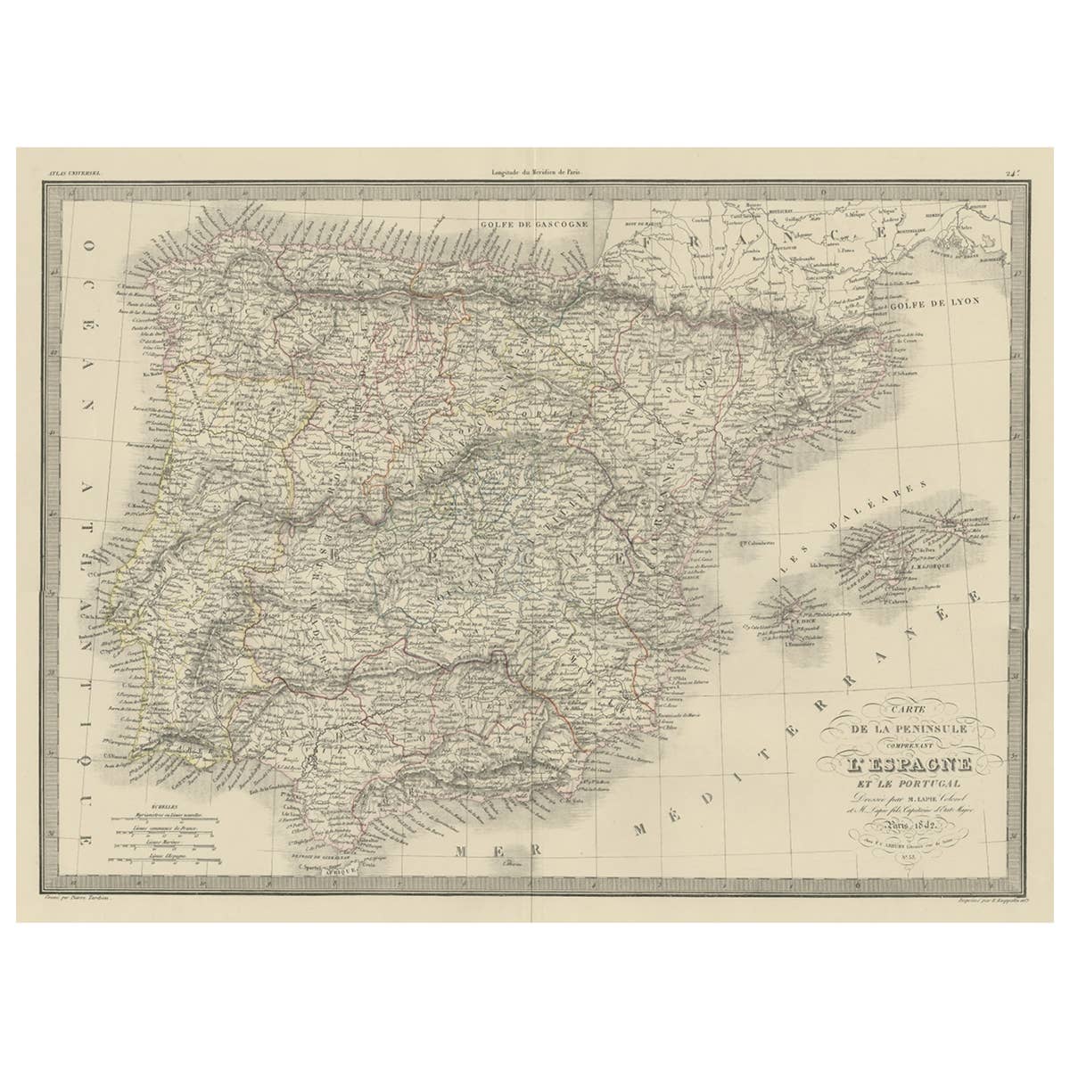 Antique Map of Spain and Portugal by Pierre M. Lapie, 1842, Wall Art
