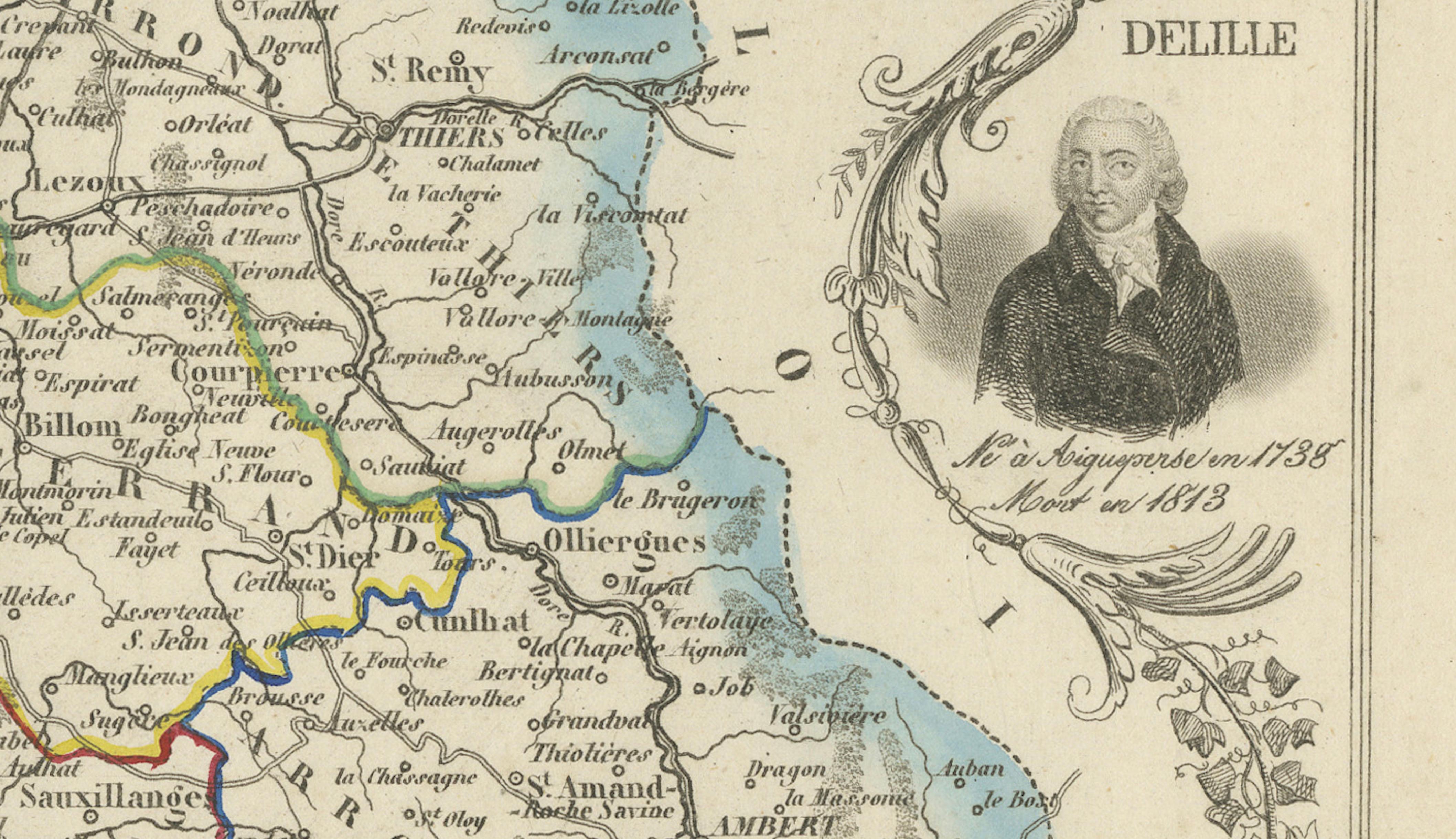 Antique Decorative Map of Puy-de-Dôme by Vuillemin, circa 1850