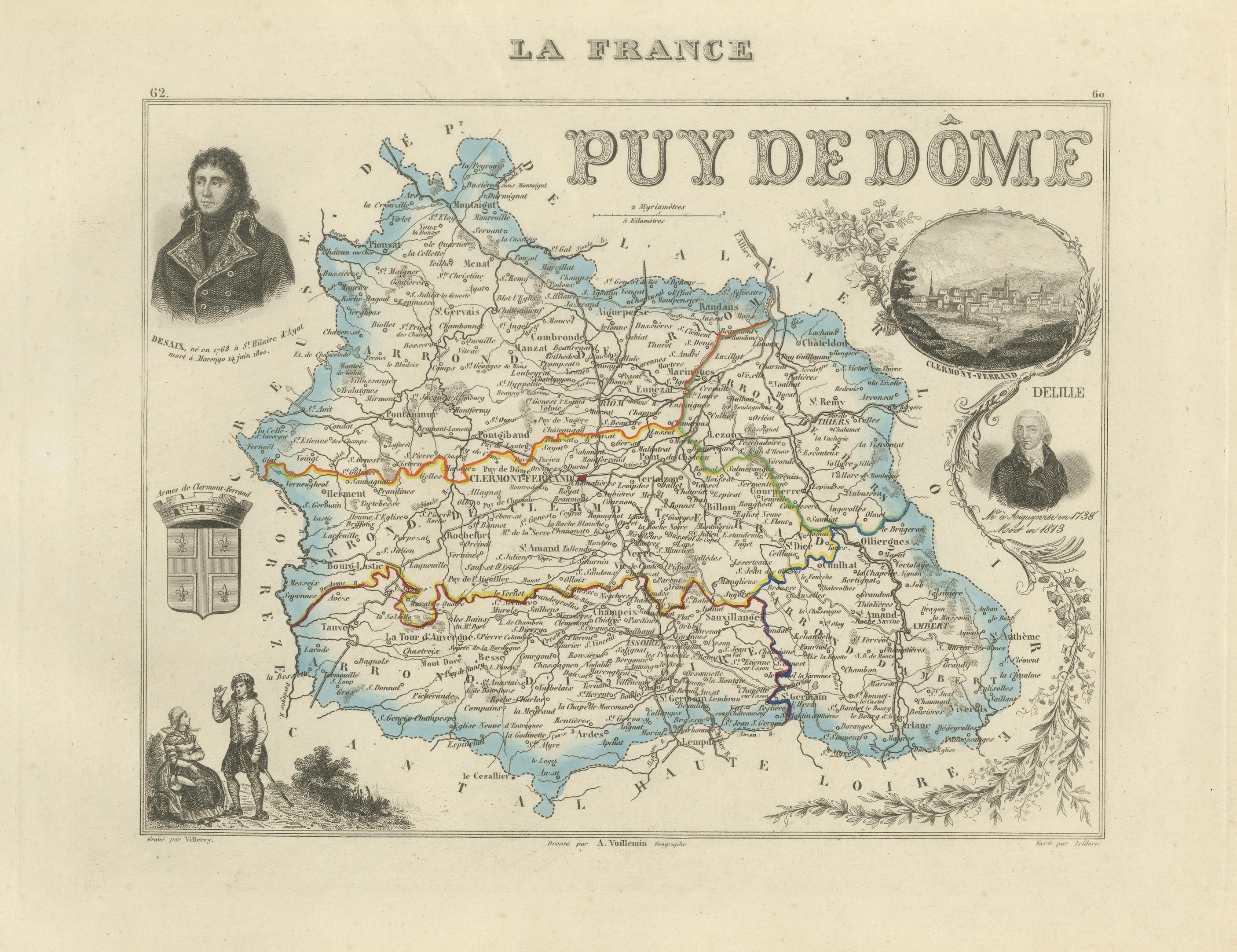 Antique Decorative Map of Puy-de-Dôme by Vuillemin, circa 1850