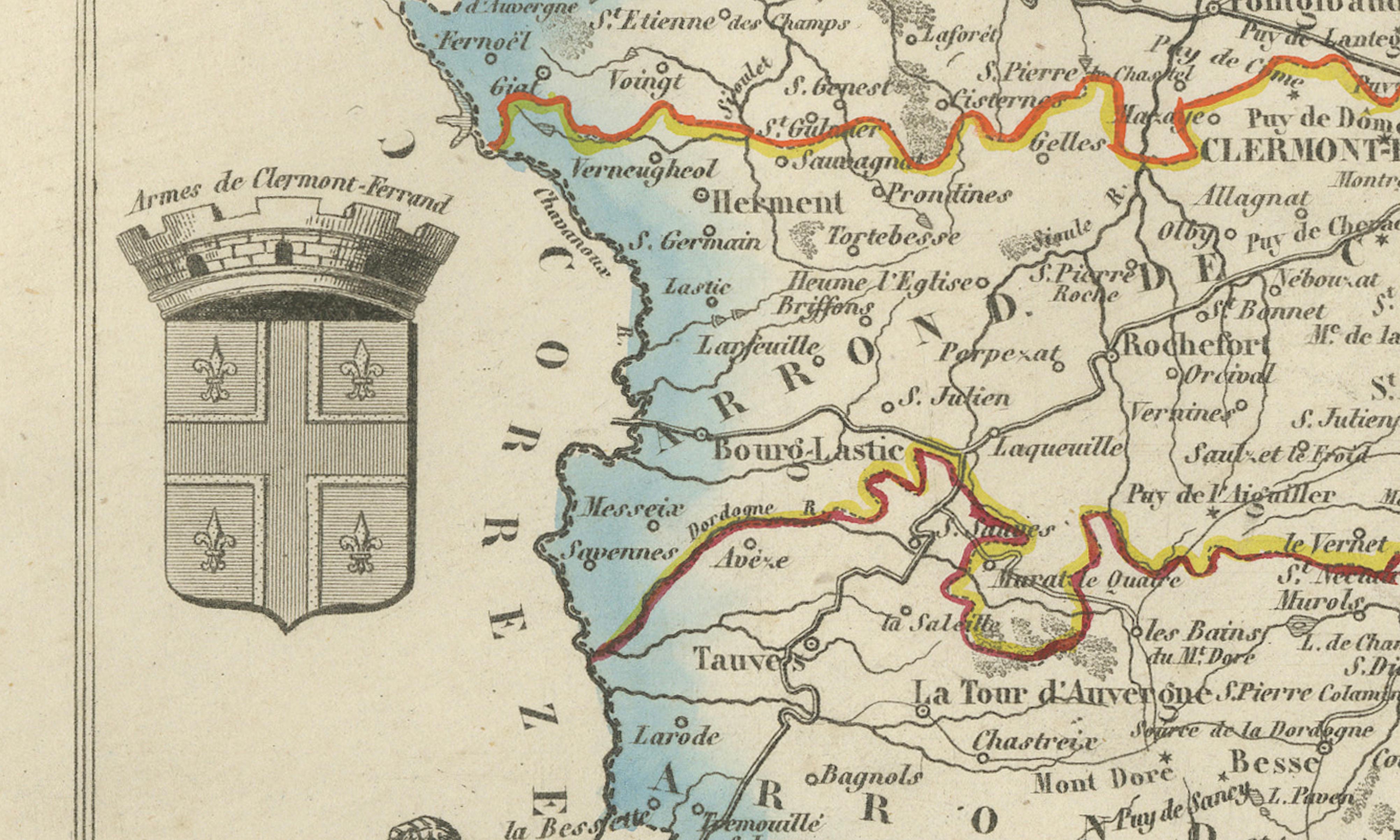 Antique Decorative Map of Puy-de-Dôme by Vuillemin, circa 1850