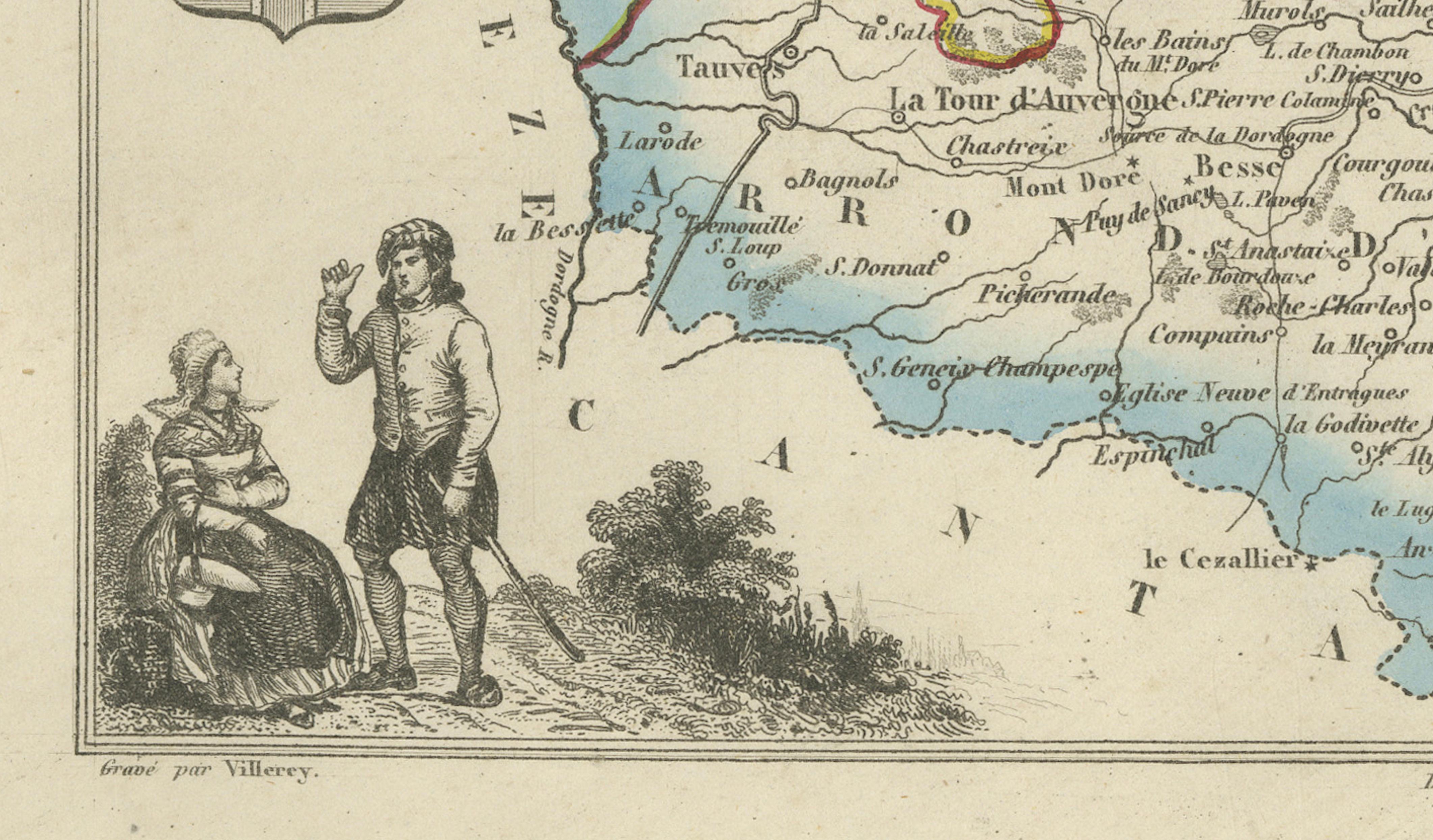 Antique Decorative Map of Puy-de-Dôme by Vuillemin, circa 1850