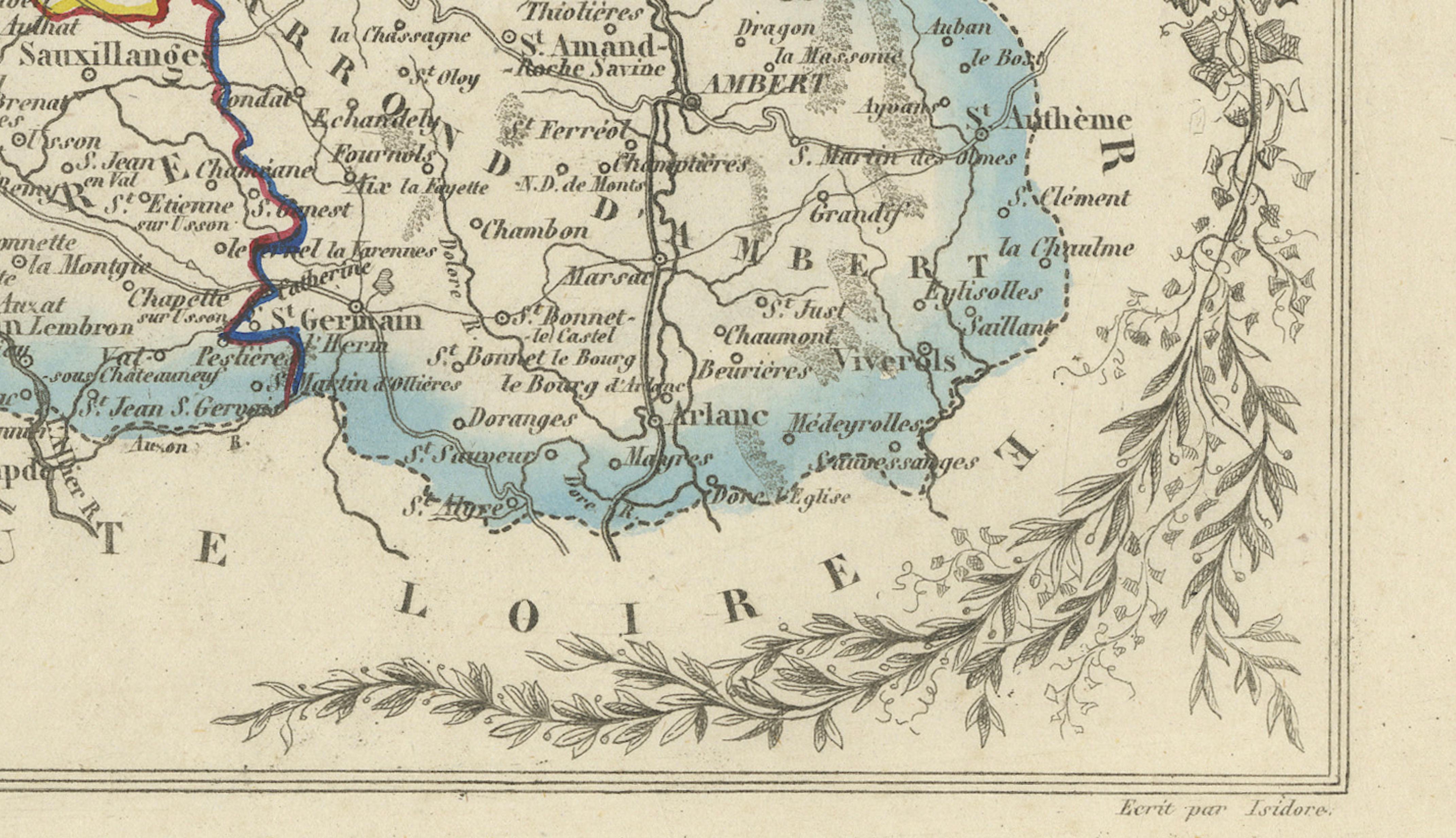Antique Decorative Map of Puy-de-Dôme by Vuillemin, circa 1850