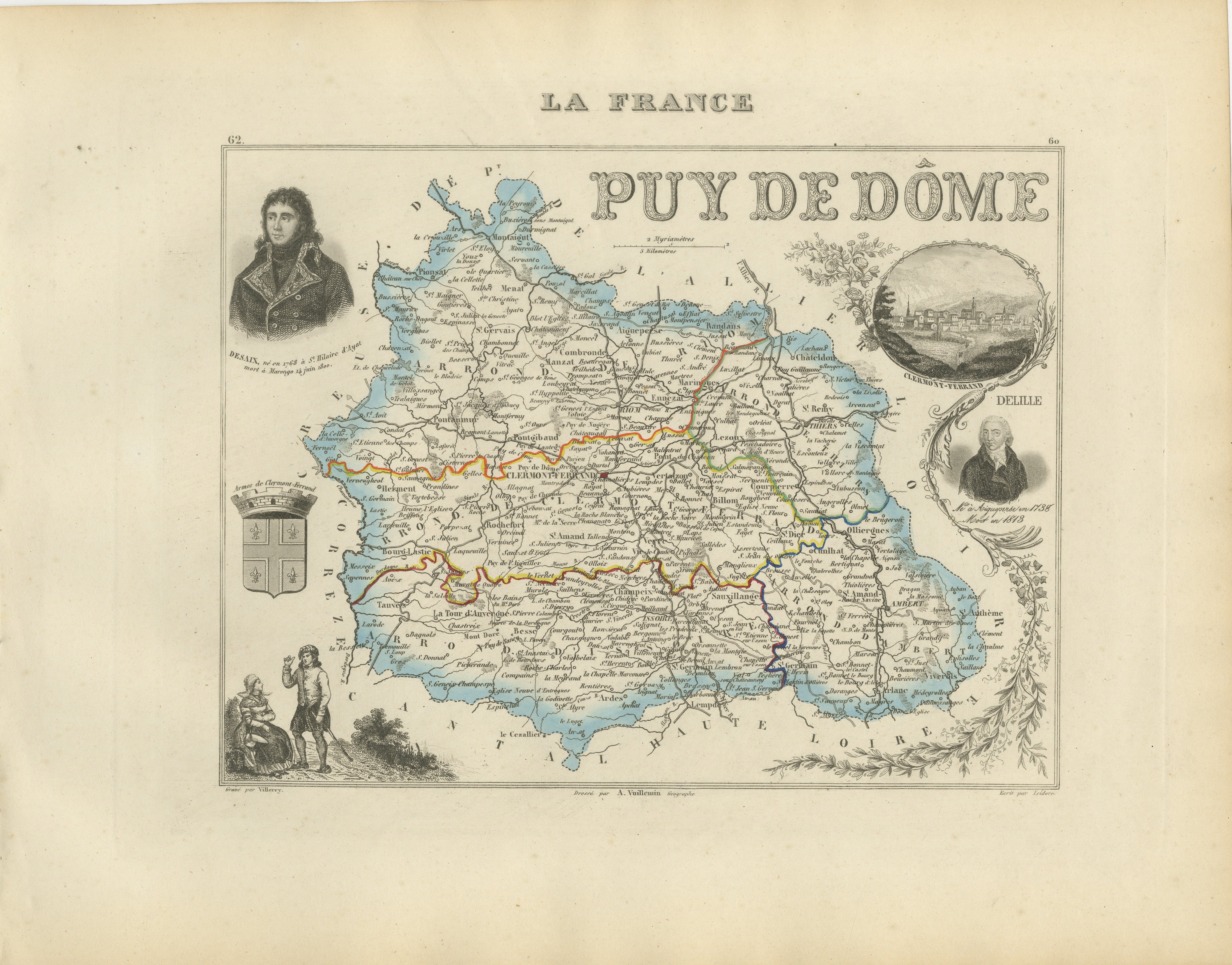 Antique Decorative Map of Puy-de-Dôme by Vuillemin, circa 1850