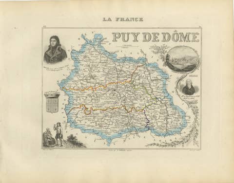 Antique Decorative Map of Puy-de-Dôme by Vuillemin, circa 1850