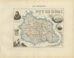 Antique Decorative Map of Puy-de-Dôme by Vuillemin, circa 1850