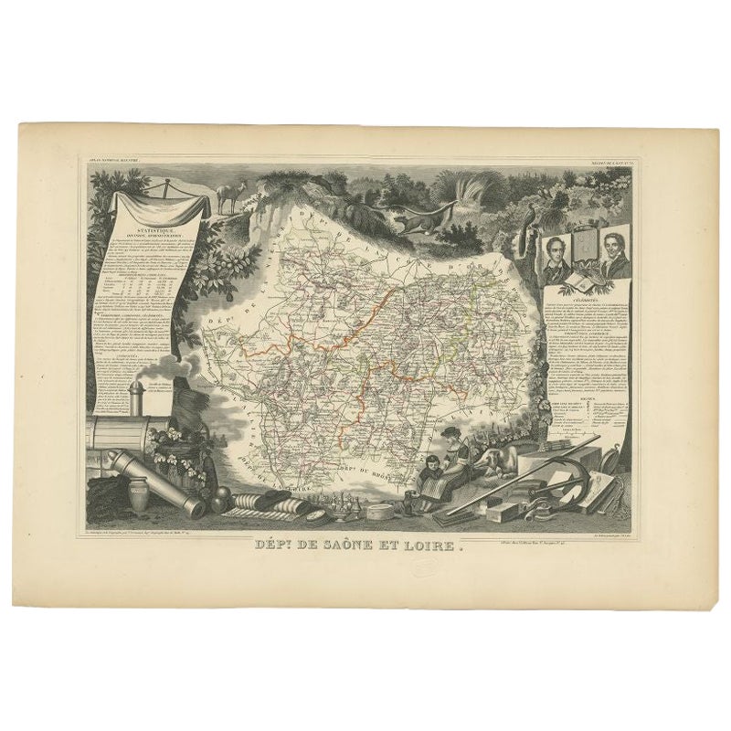 Carta geografica decorativa antica della Saona e della Loira in Francia, 1854