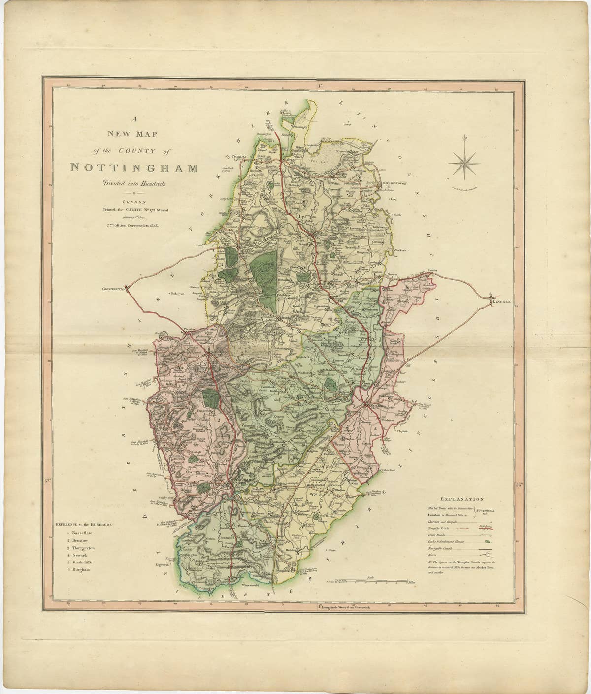 Antique Decorative Map of The County of Nottinghamshire, England, 1804
