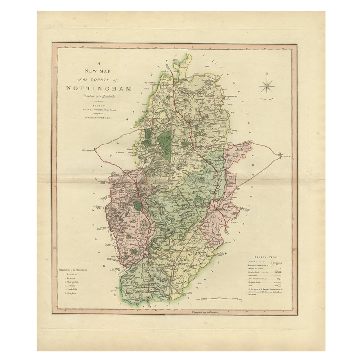 Carta geografica decorativa antica della contea di Nottinghamshire, Inghilterra, 1804