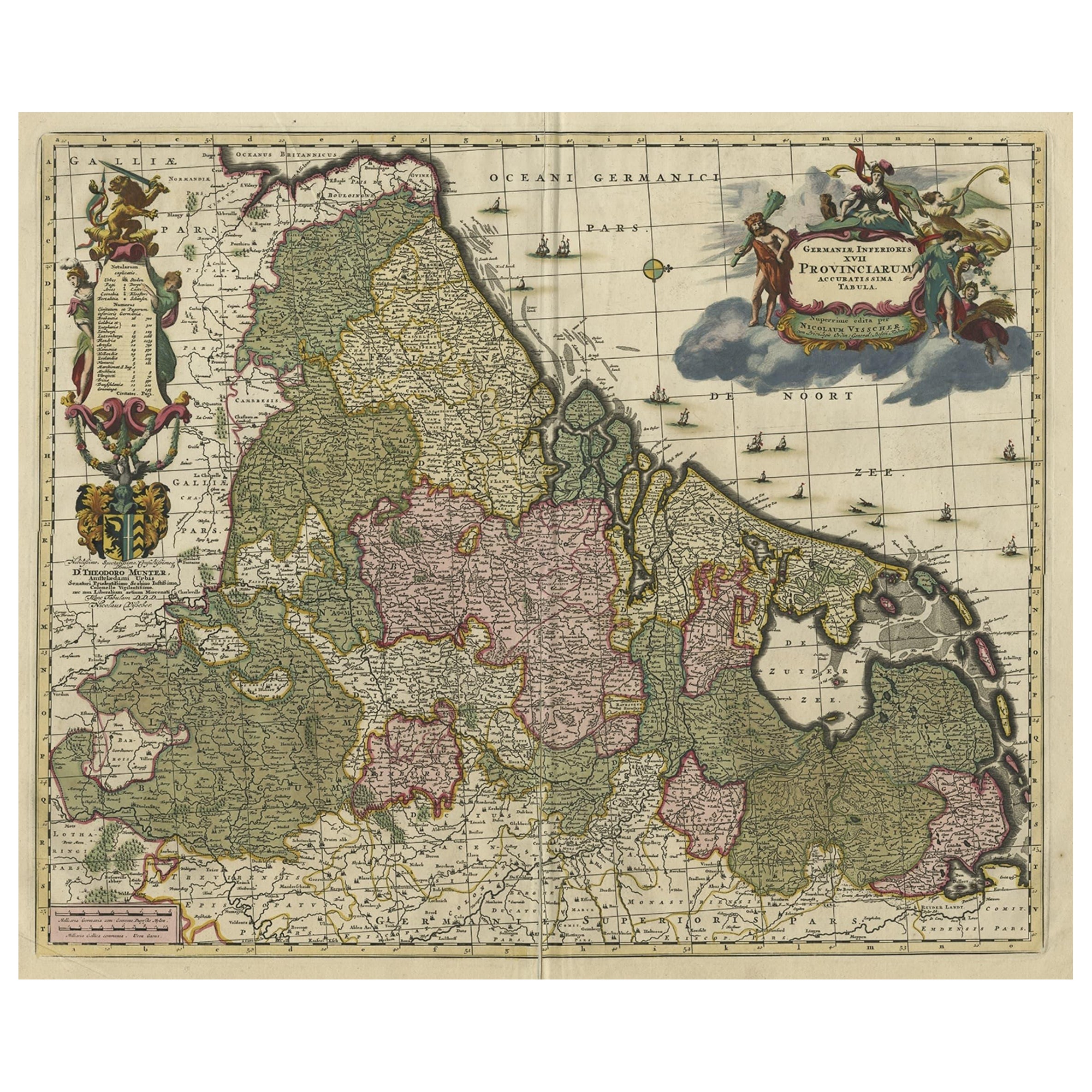 Carta geografica decorativa antica dei Paesi Bassi, '17 Province, Paesi Bassi', 1680 ca.