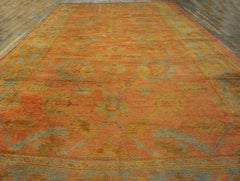 1890s Salmon Geometric Antique Turkish Oushak Carpet 11'2"x18''6" Woven Wool Rug