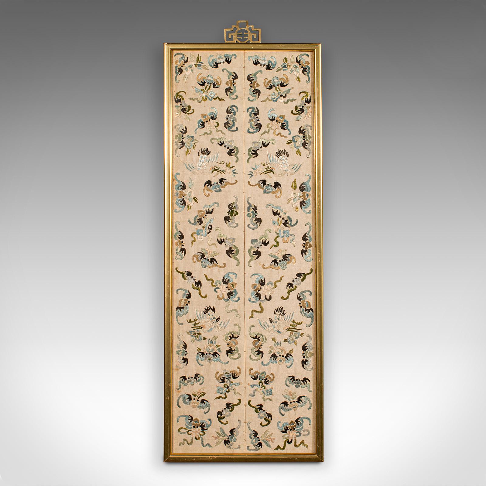 This is an antique decorative panel. A Chinese, framed silk cotton embroidery, dating to the late Victorian period, circa 1900.

Tastefully presented wall panel with appealing colour
Displays a desirable aged patina and in good order
Quality silk