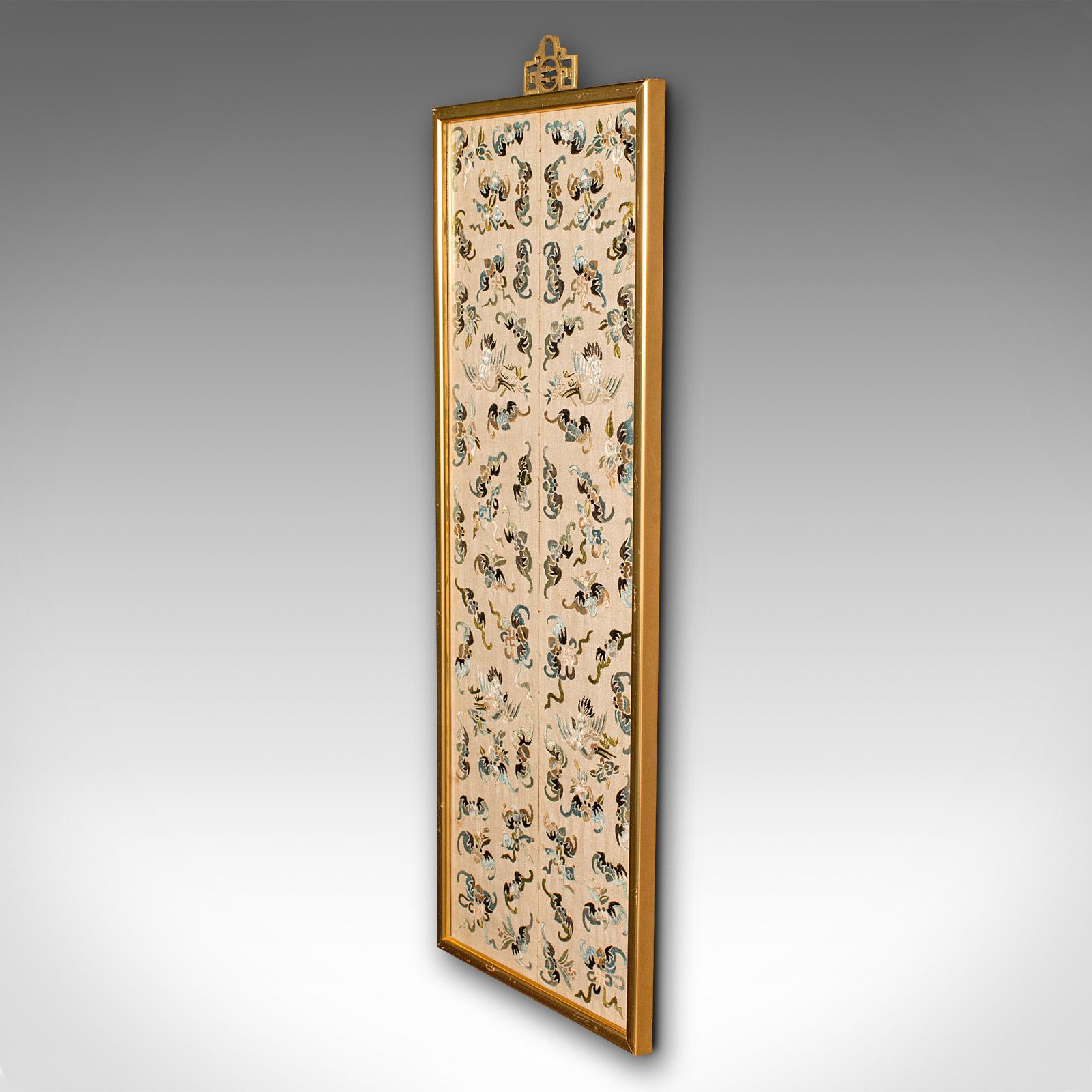 Late Victorian Antique Decorative Panel, Chinese, Framed, Silk Cotton, Embroidered, Victorian