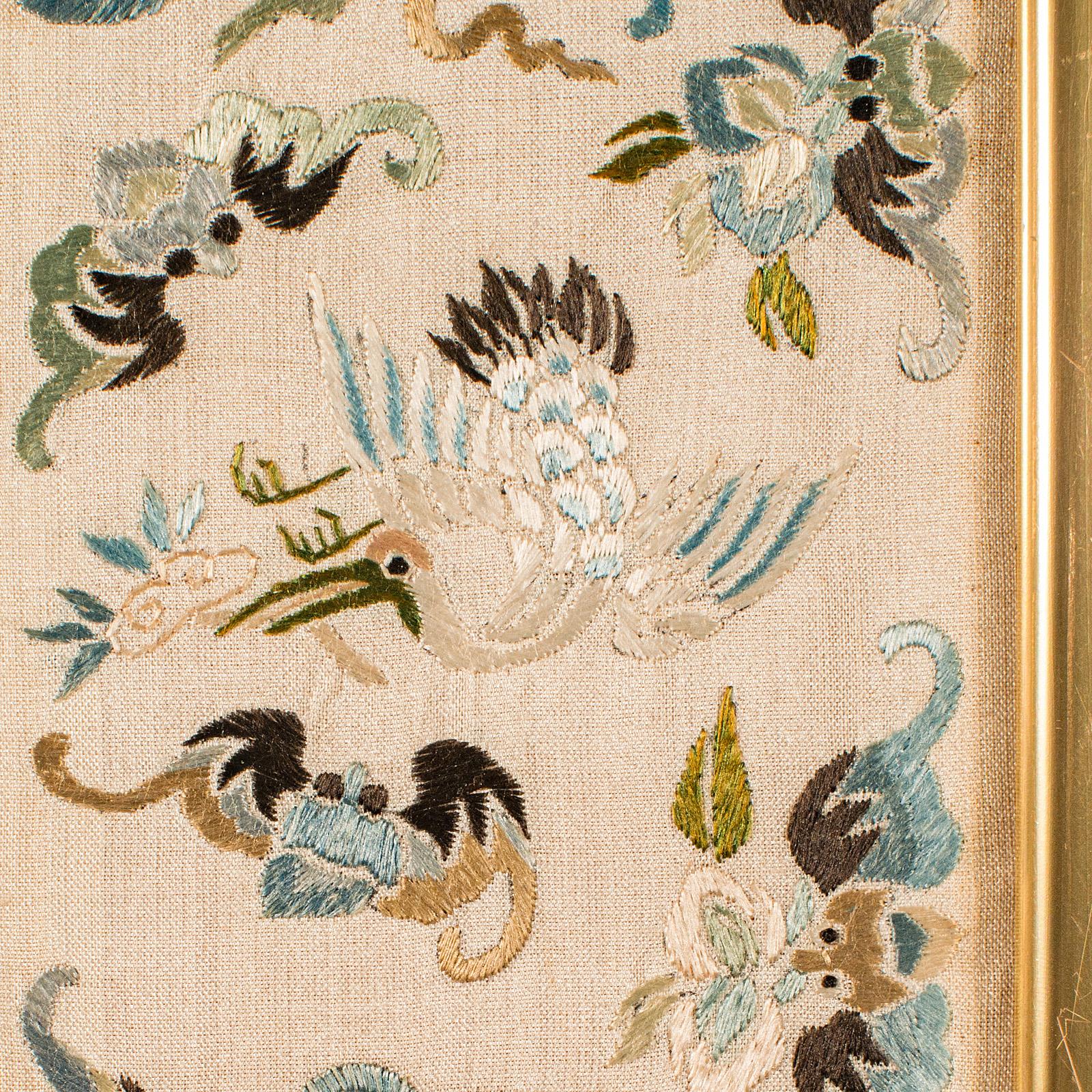 Antique Decorative Panel, Chinese, Framed, Silk Cotton, Embroidered, Victorian 1