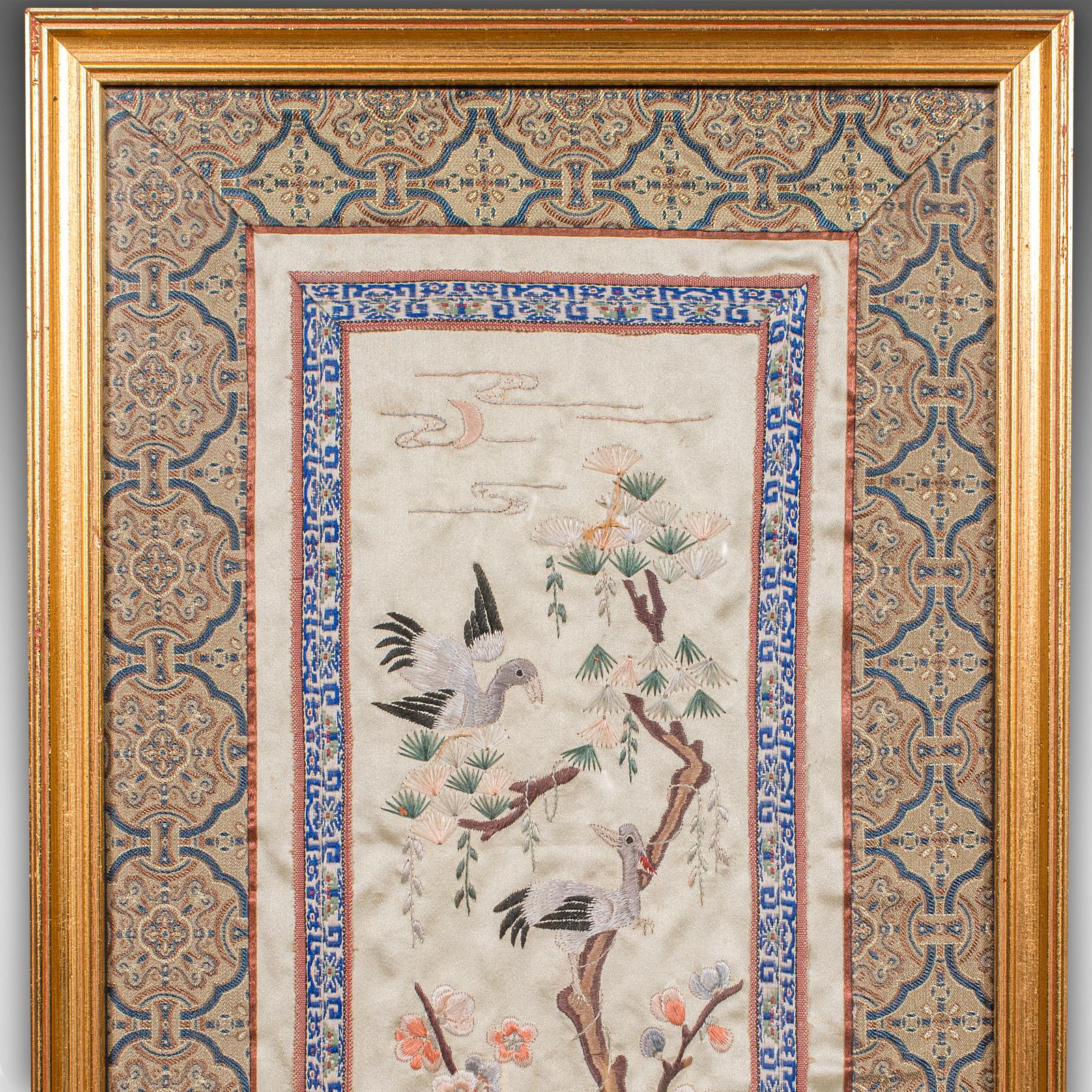 Late Victorian Antique Decorative Panel, Japanese, Framed, Silk Cotton Embroidery, Victorian