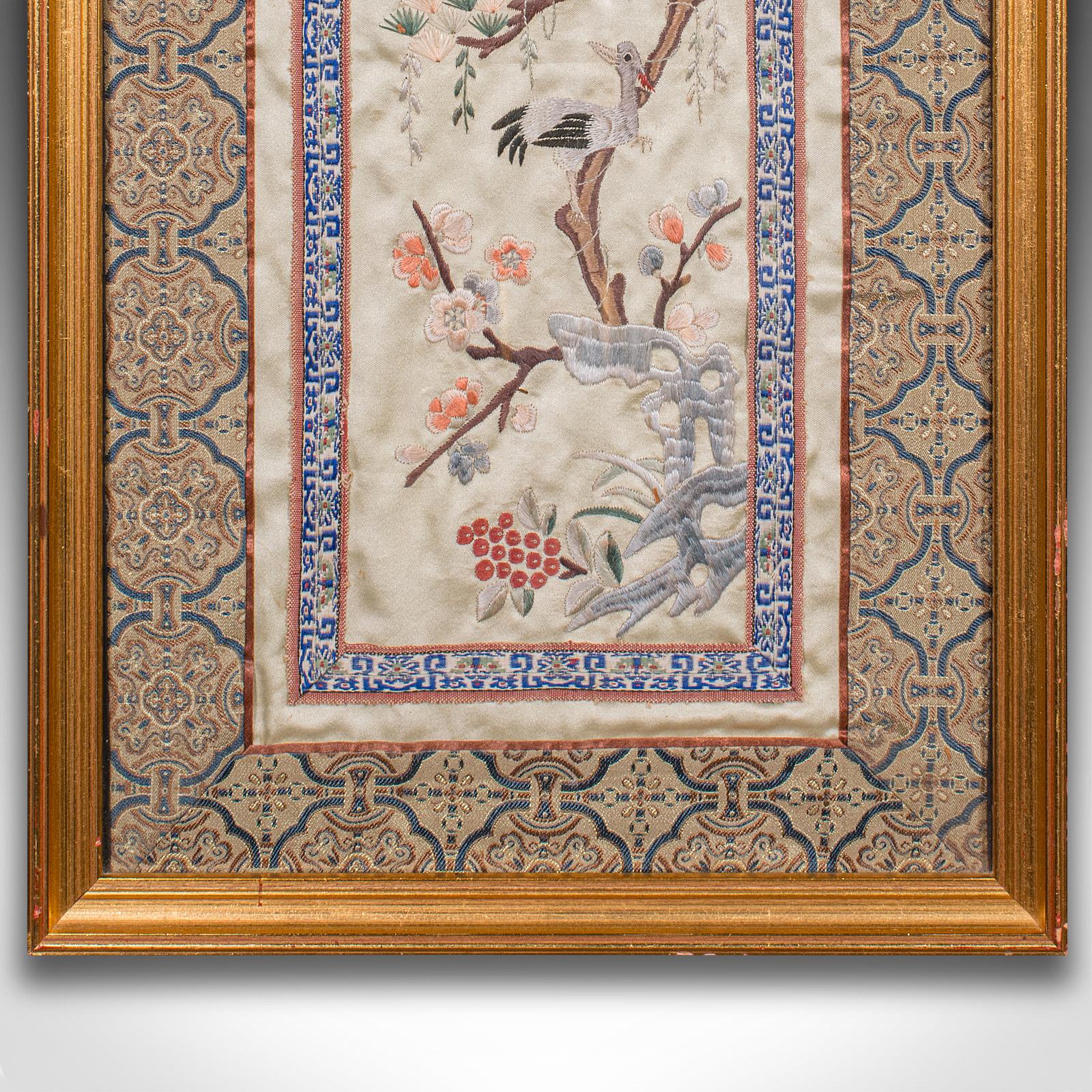 19th Century Antique Decorative Panel, Japanese, Framed, Silk Cotton Embroidery, Victorian For Sale
