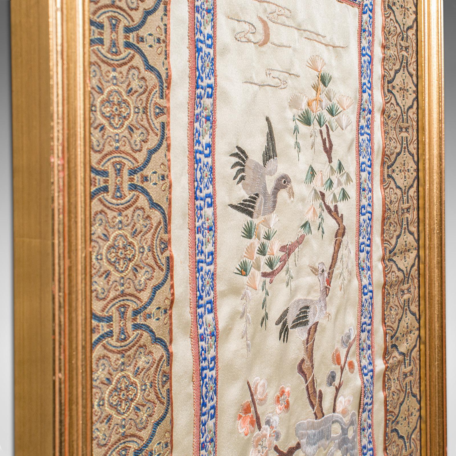 19th Century Antique Decorative Panel, Japanese, Framed, Silk Cotton Embroidery, Victorian