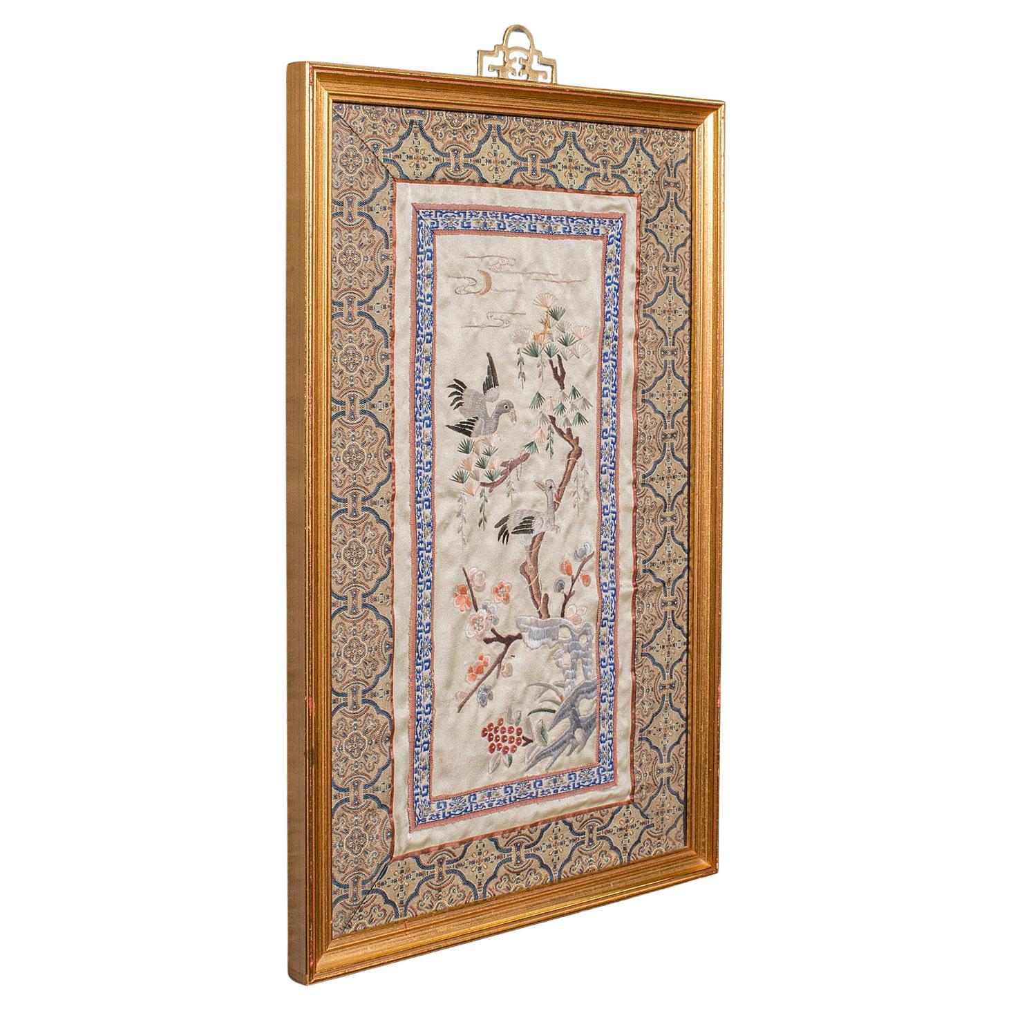 Antique Decorative Panel, Japanese, Framed, Silk Cotton Embroidery, Victorian For Sale