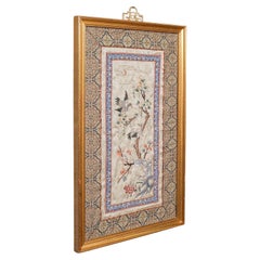 Panneau décoratif japonais ancien, encadré, broderie en coton de soie, victorien