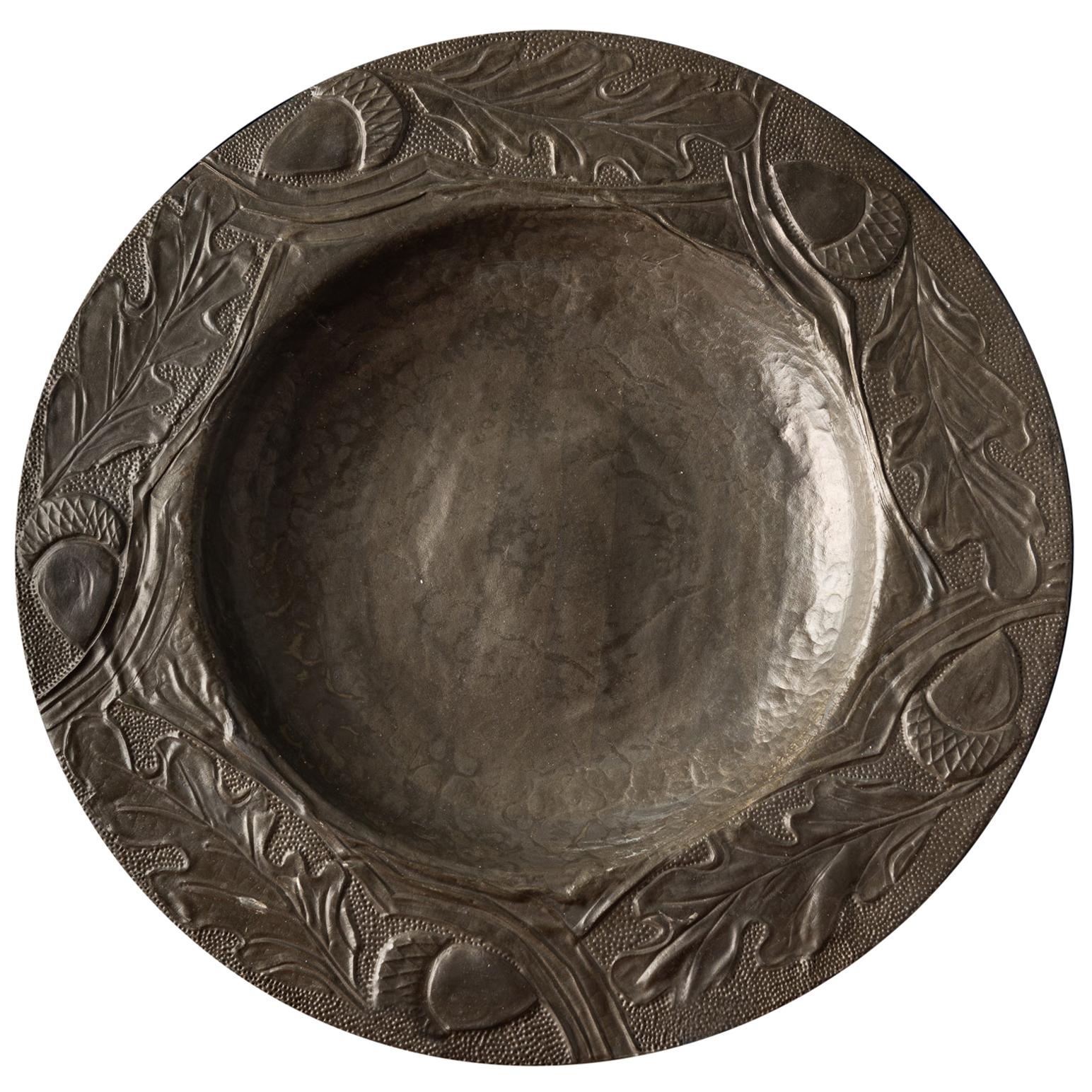 Antique Decorative Pewter Plate with Leaves and Acorns For Sale