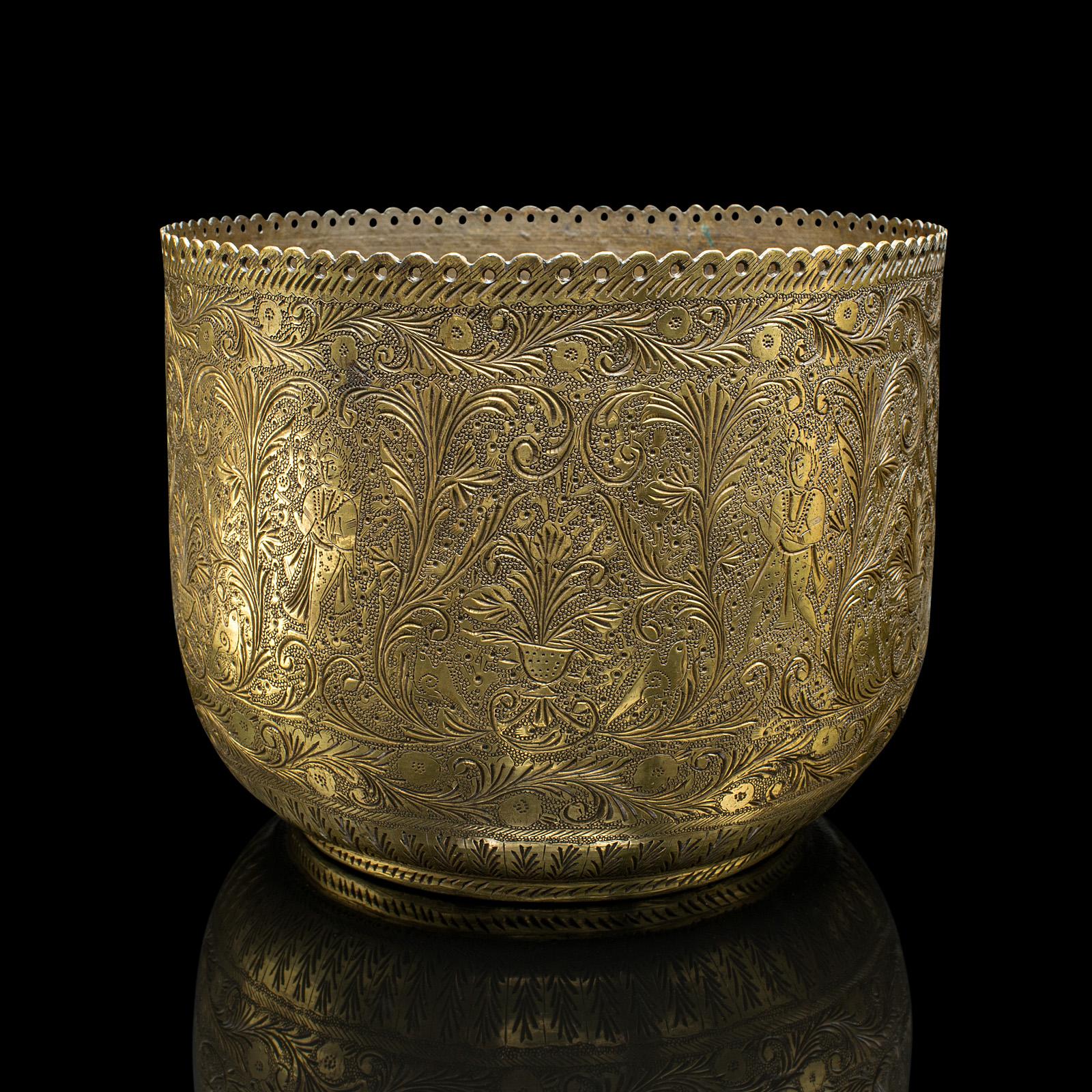 19th Century Antique Decorative Planter, Indian, Chased Brass Jardiniere Pot, Victorian, 1900