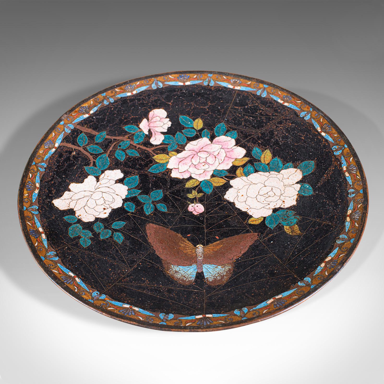This is an antique decorative plate. A Japanese, cloisonne fruit serving dish, dating to the early Victorian period, circa 1850.

Delightful example of Victorian cloisonne
Displays a desirable aged patina with minor wear commensurate with