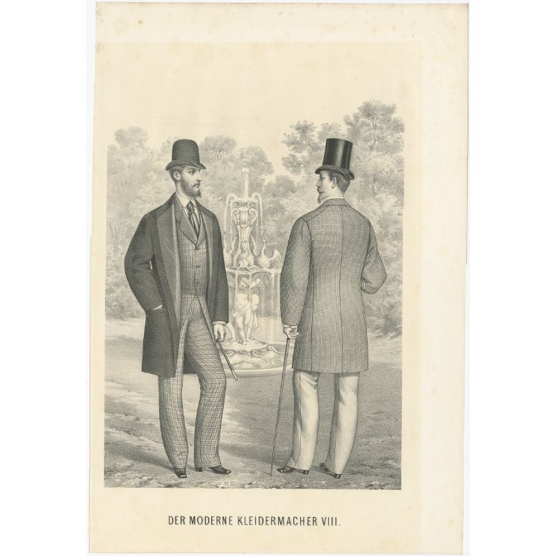 Antique costume print titled 'Der Moderne Kleidermacher VIII'. Old fashion print of two men wearing various outfits including long jackets/coats and hats.

Artists and Engravers: Anonymous.

Condition: Good, general age-related toning. Minor wear,