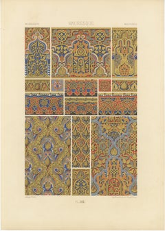 Estampa decorativa antigua de ornamentos morescos, circa 1890