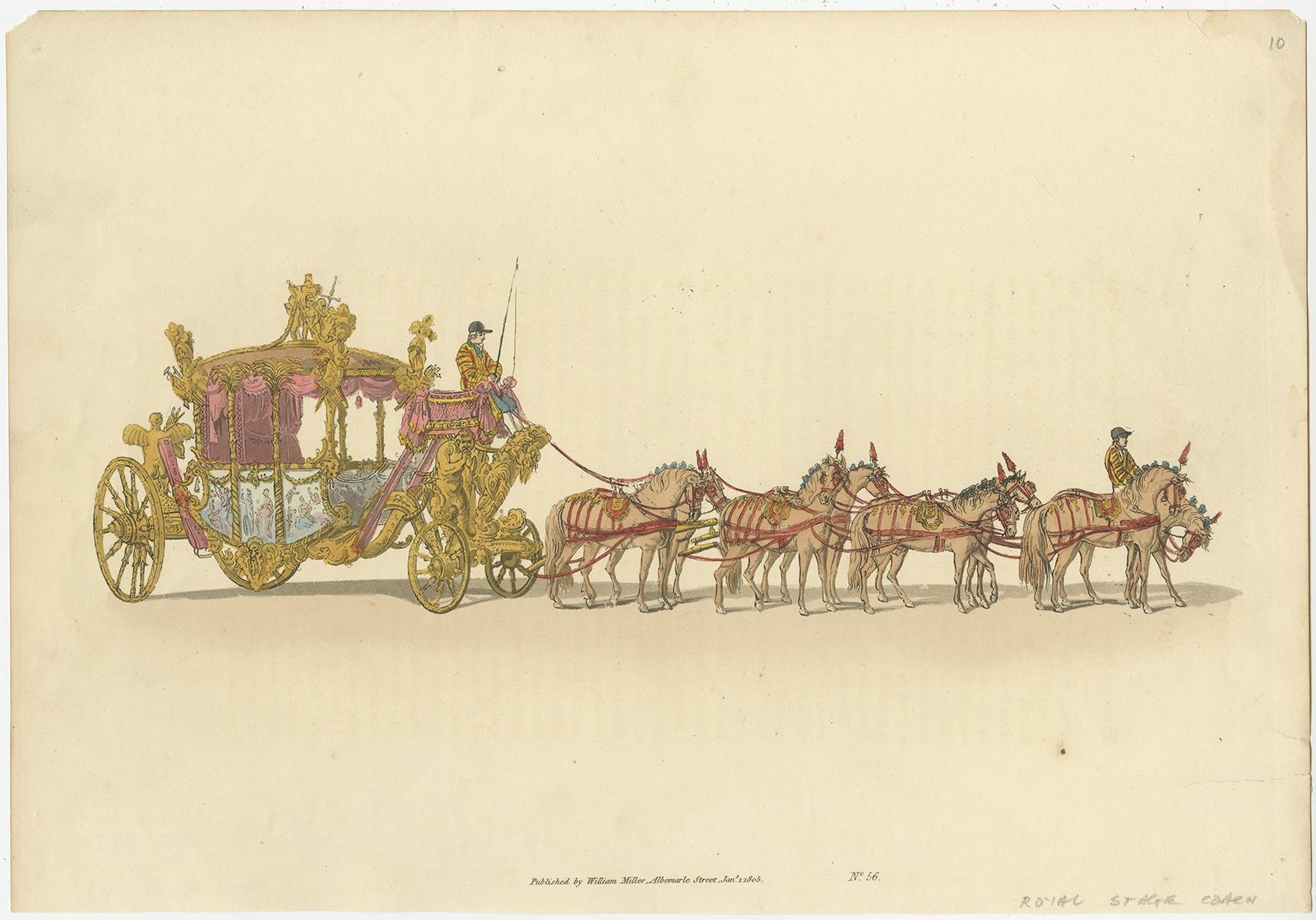Antique print of the state carriage of George III. This print originates from 'The Costume of Great Britain' by William Henry Pyne. 

Artists and engravers: Published by William Miller.