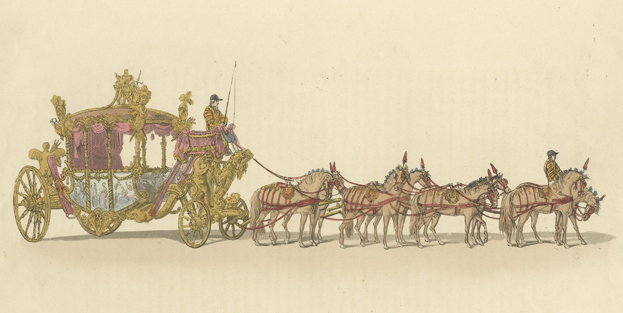 Antiker dekorativer Druck der Staatlichen Kutsche von Georg III., 1805 im Zustand „Gut“ im Angebot in Langweer, NL
