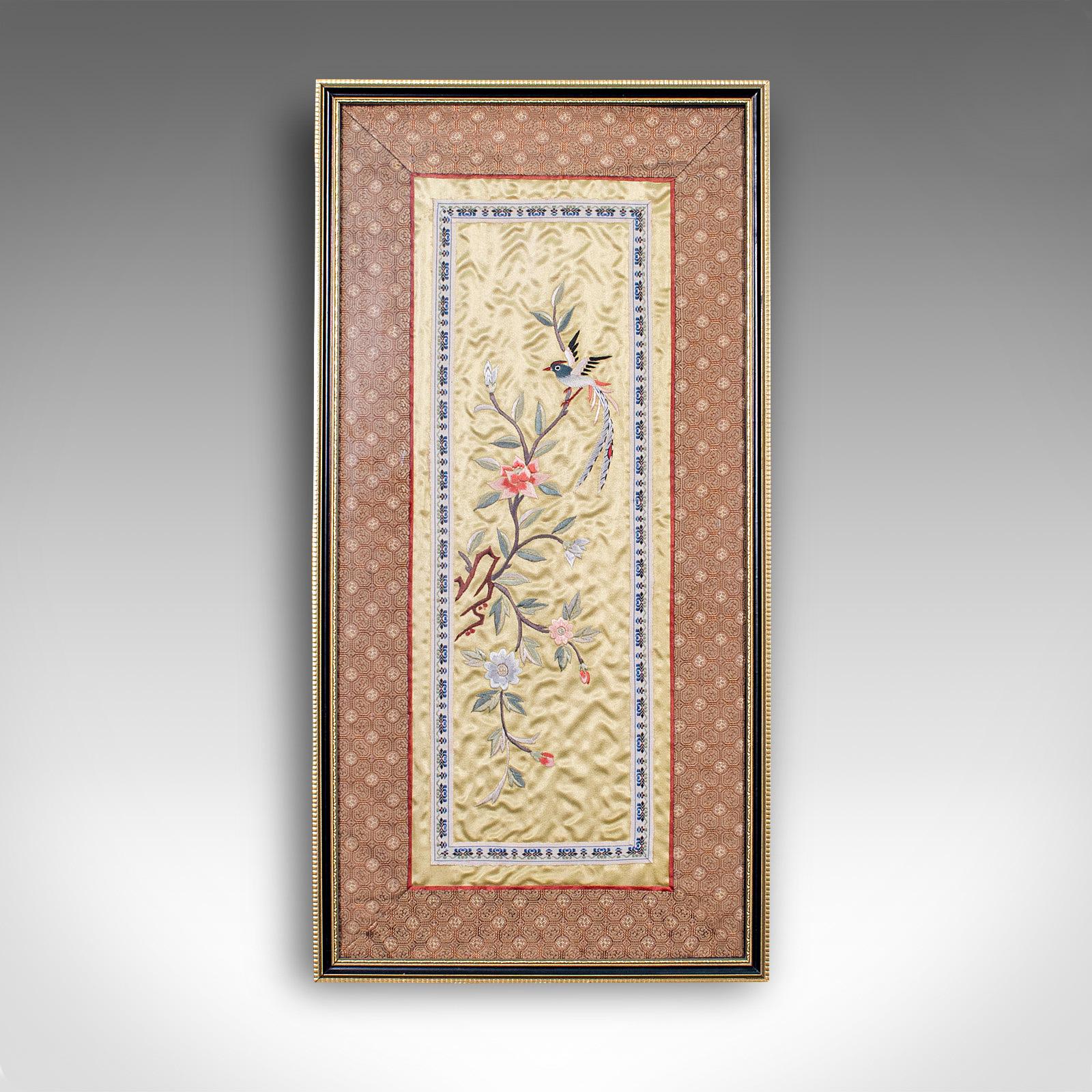 This is an antique decorative silk panel. A Chinese, framed needlepoint tapestry display, dating to the late 19th century, circa 1900.

Superb Oriental decorative appeal
Displaying a desirable aged patina
Silk cotton ground with needlepoint