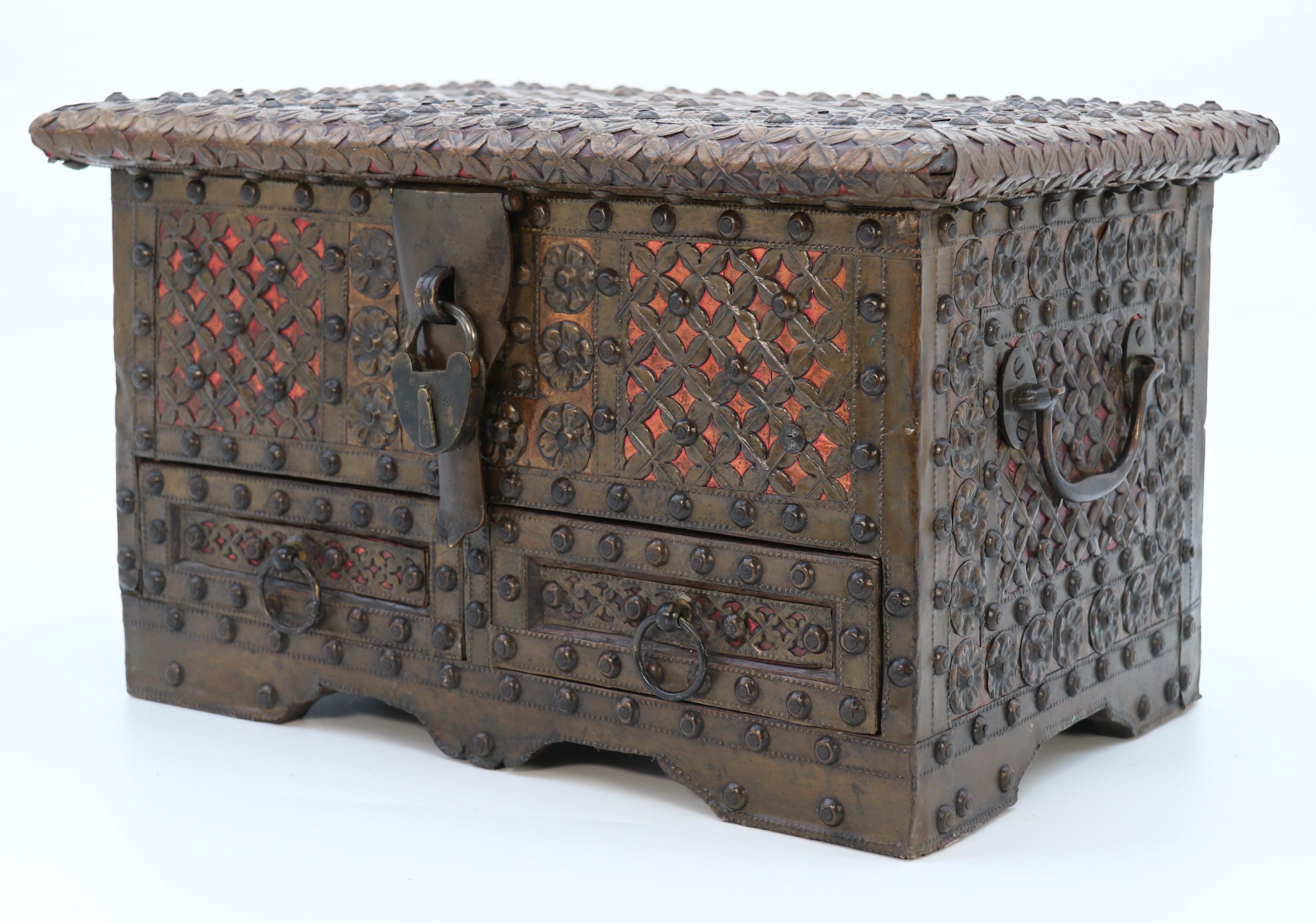 Antique decorative small Zanzibar brass and copper mounted chest or strongbox For Sale 5