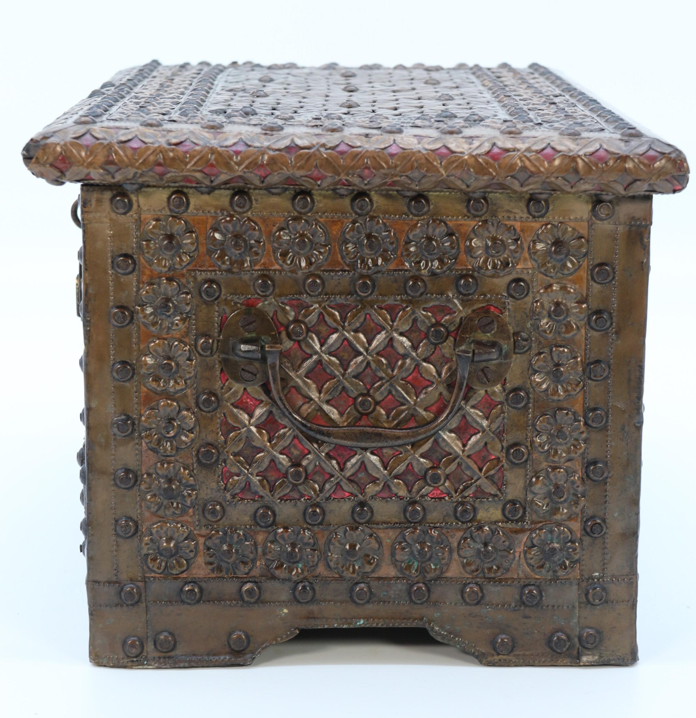 Antique decorative small Zanzibar brass and copper mounted chest or strongbox For Sale 6