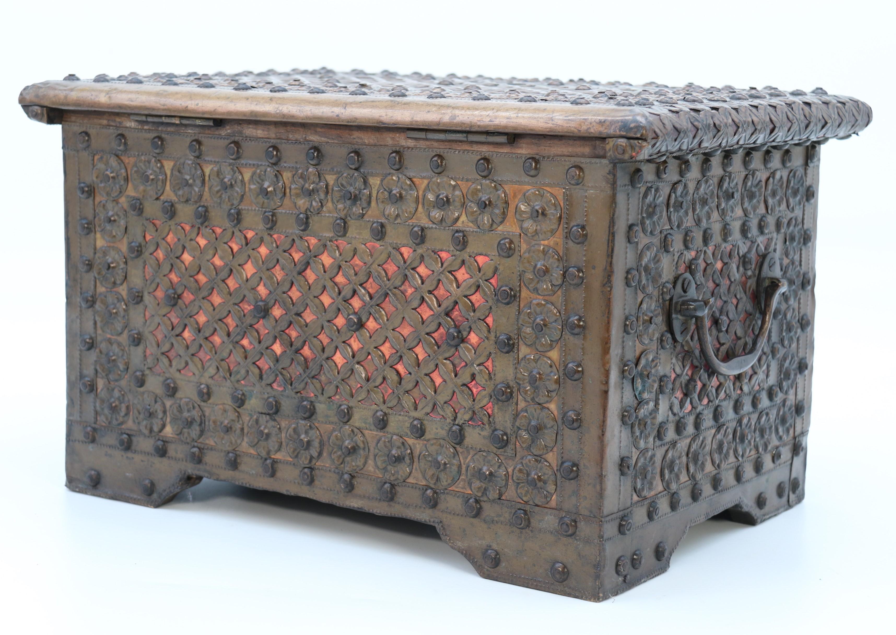 Antique decorative small Zanzibar brass and copper mounted chest or strongbox For Sale 8