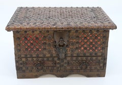Antique decorative small Zanzibar brass and copper mounted chest or strongbox