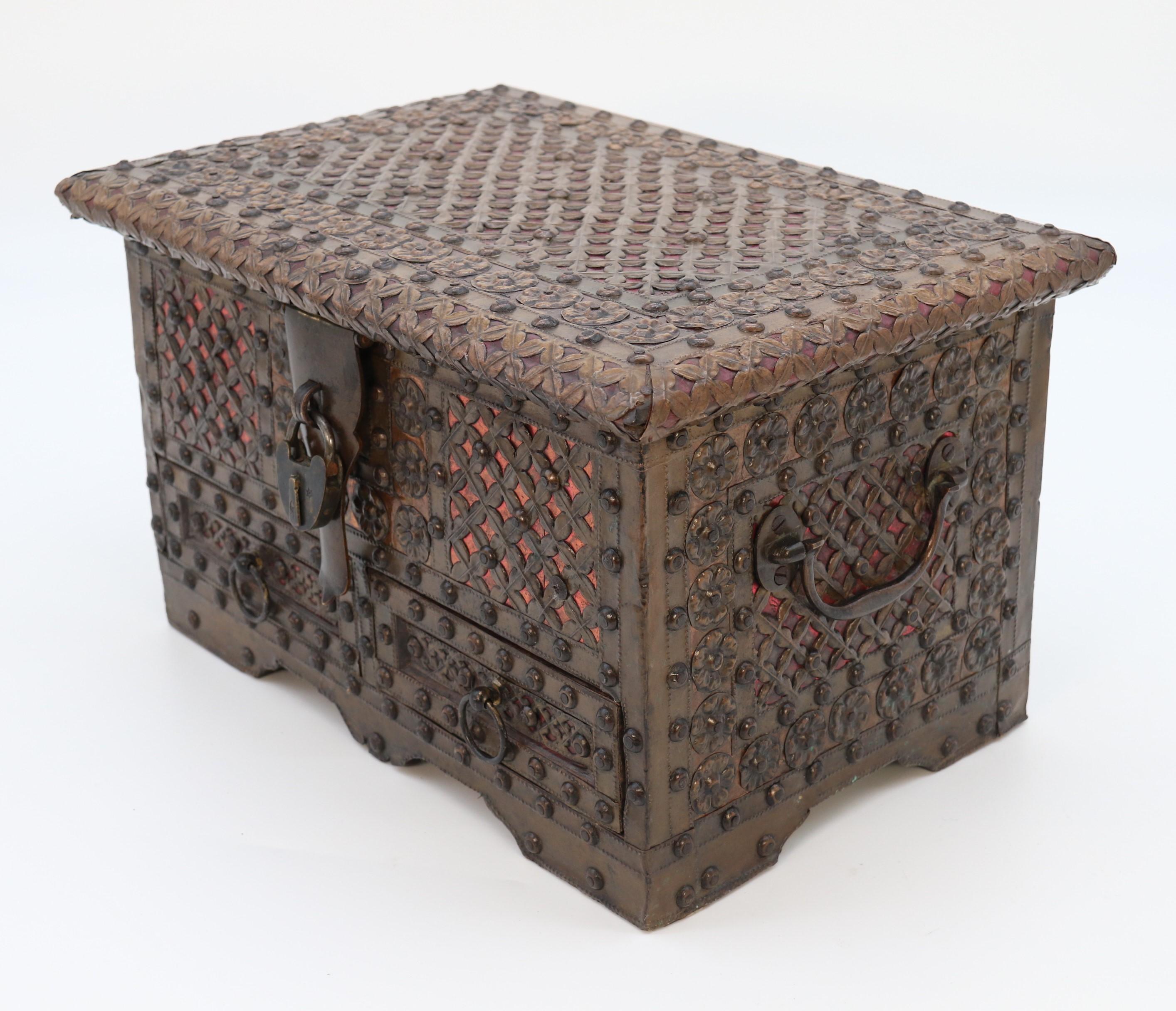 Zanzibari Antique decorative small Zanzibar brass and copper mounted chest or strongbox For Sale