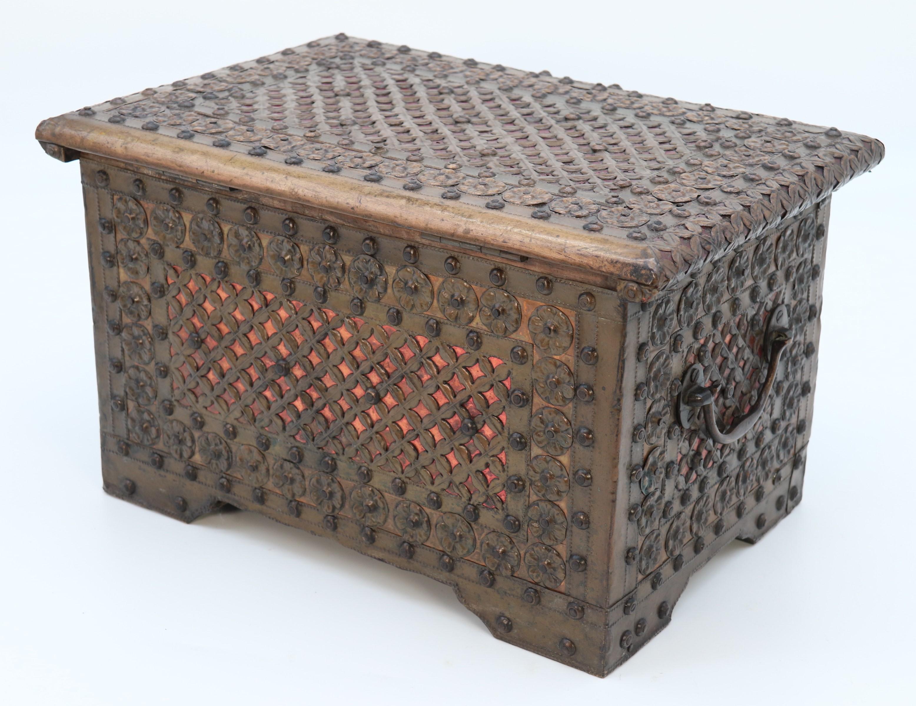 Copper Antique decorative small Zanzibar brass and copper mounted chest or strongbox For Sale