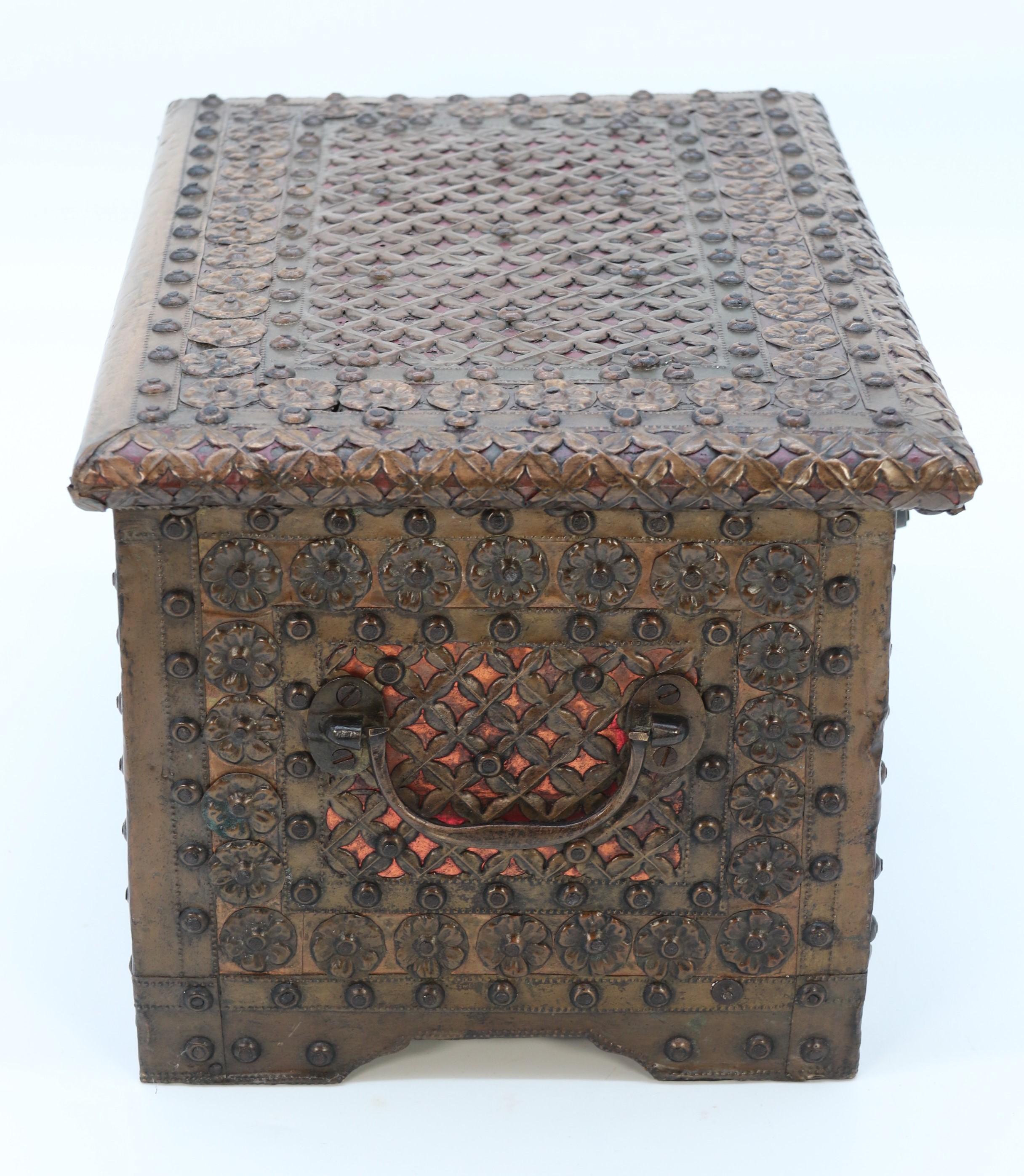 Antique decorative small Zanzibar brass and copper mounted chest or strongbox For Sale 1
